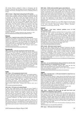 The German Ministry confirmed in letters to Greenpeace and the 
European Commission that GM papaya had been imported illegally into 
Germany from Hawaii. GM papaya does not have a marketing consent in 
Europe. 
2005: Germany – illegal import and growing of GM zucchini 
Seminis seeds, a company owned by Monsanto has admitted that GM 
zucchini squash (courgette) seed had been illegally imported and planted 
in Germany. A total 90g of GM seed reached Germany via the 
Netherlands. About 100 of the approximately 1,000 seeds were than sent 
to Rheinland-Pfalz where they were planted. Details of where the 
remaining seed was sent are not available although there have been 
reports that the seeds were distributed to members of staff to plant in 
their gardens. The GM zucchini seedlings are reported to have been 
detected before they flowered and have been destroyed. The GM 
zucchini seeds were of a variety called ‘Judgement III’ which are 
genetically modified to be resistant to three viral diseases. No GM 
zucchini are approved for marketing or growing in the European Union. 
The company says that the seeds were wrongly labelled leading to their 
accidental importation. 
Kommentar. Viel zu lax. Frankfurter Rundschau online, September 14, 2005 
http://www.fr-aktuell.de/ressorts/wirtschaft_und_boerse/wirtschaft/?cnt=726433 
Greece 
2000: Greece - imported cotton seed has GM contamination 
Greenpeace took samples of cottonseed sold in Greece. Two out of seven 
samples were found to be contaminated and a third one had a strong 
indication of contamination..The seed originated from Mississippi and 
Arizona where about 2/3 of cotton grown is GM. Up to 9,000 acres of 
cotton planted with seed contaminated with GM had to be destroyed. 
Greenpeace Press Release: 10th March 2000. Greenpeace exposes genetic 
contamination of cotton in Greece 
http://archive.greenpeace.org/pressreleases/geneng/2000mar10.html 
Guatamala 
2004: Guatamala - food aid contaminated with StarLink maize 
Sampling by Friends of the Earth detected the presence of StarLink 
maize in food aid distributed in Guatamala by the World Food 
Programme. StarLink maize was authorised in the USA for use in animal 
feed but not in human food because of concerns about allergenicity. 
StarLink maize was grown in the USA for animal feed but was also 
found in food products. The StarLink maize, produced by Aventis (now 
Bayer), is genetically modified to contain a gene from the bacterium, 
Bacillus thuringiensis, coding for an insecticidal Bt toxin known as 
Cry9C. This particular type of Bt toxin is not found in other GM insect 
resistant crops and there are concerns that it could be a human allergen 
because it is heat stable and does not break down in gastric acid in the 
human digestive system - characteristics shared by many allergens. 
World Food Programe and United States denounced for distributing genetically 
modified food in Central America. February 16, 2005. 
http://www.humboldt.org.ni/transgenicos/denuncia.htm 
India 
2001: India – GM contamination found in food 
Greenpeace detected GM Rounup Ready soya in two popular products - 
Pringles Potato Chips (Procter and Gamble) and Isomil Baby food 
(Abbott Laboratories). Both products were manufactured in and imported 
from the USA. According to Indian law, it is illegal to import or sell any 
GM food products without the prior approval of the Ministry of 
Environment and Forests’ Genetic Engineering Approval Committee 
(GEAC). Neither product had a permit for importation. 
Illegal GM food in Indian Market. Greenpeace press conference report, June 6 
2001 
http://www.poptel.org.uk/panap/latest/indifood.htm 
2001: India - GM cotton seed planted illegally 
In 2001, some 10,000 hectares of GM cotton were grown illegally in 
India from GM cotton seed sold by the Navbharat seed company. It is 
thought the seed was produced by crossing US varieties of GM cotton 
and local varieties. Farmers were asked to destroy their crop and 
harvested cotton was also destroyed. In 2002, some GM cotton varieties 
were given official approval for planting in some states of India. 
However, illegal growing of unapproved varieties in India continues and 
is considered widespread. The illegal varieties are reported to perform 
poorly. 
Jayaraman, K.S. (2001) Illicit GM cotton sparks corporate fury. Nature 413: 555 
Jayaraman,K.S. (2002) Poor crop management plaques Bt cotton experiment in 
India. NatureBiotechnology 20: 1069 Bhattacharya S. (2003) Modified crops ‘have 
big benefits for Third World’, New Scientist 15th February 2003 Jayaraman, K.S. 
(2005) Indian Bt gene monoculture. Potential time bomb. Nature Biotechnology 23: 
158 
2005: India – GM Bt cotton unreliable against cotton bollworm 
Research has confirmed reports from farmers in India that Monsanto's GM Bt 
cotton does not give reliable protection against the cotton bollworm. The 
research revealed that the Bt cotton hybrids sold in India show seasonal 
changes in the amount of the insecticidal protein, Cry 1Ac, produced and also 
between plants and in different parts of the plant. There is a decline in levels 
of the toxin over the growing season so there is insufficient to kill the cotton 
bollworm late in the season and farmers have to spray with insecticides to kill 
the pests. The implications of crop failures or poor performance are 
particularly acute for poor farmers who may have to use loans to buy the more 
expensive seed. 
Kranthi K R, Naidu S, Dhawad C S, et al (2005) Temporal and intra-plant 
variability of Cry1Ac expression in Bt-cotton and its influence on the survival 
of the cotton bollworm, Helicoverpa armigera (Hübner) (Noctuidae: 
Lepidoptera). Current Science 89:291-298. 
Ireland 
2002: Ireland - Food Safety Authority publishes survey of GM 
contamination in food 
The Irish Food Safety Authority examined food for the presence of GM 
ingredients in 2002. Twelve of the seventy five samples tested (16%) 
contained GM. Nine samples contained Roundup Ready soya, one contained 
Bt176 maize, and the remaining two were not identified. Both Roundup 
Ready soya and Bt176 maize are authorised for food use within the EU. None 
of the GM-positive samples contained greater than 1% GM material which 
meant that specific GM labelling was not required. Six of the twelve foods 
containing GM material (50%) had labels indicating that they contained no 
GM ingredients, with one of those also having an organic label. 
Food Safety Authority of Ireland. GM food survey 2002. 
http://www.fsai.ie/surveillance/food/GM_survey_2002.pdf 
2005: Ireland – Bt10 maize found in imports 
On May 25th 2005, Ireland notified the European Commission and other 
Member States that the unapproved GM maize variety Bt10 had been found in 
a shipment of maize gluten. Two thousand five hundred and forty six tonnes 
of the Bt10 contaminated maize arrived in Ireland aboard the Helena 
Oldendorff on Wednesday 25 May at Greenore Port in Co. Louth.. Bt10 GM 
maize varieties is modified to be resistant to certain insect pests and also 
contains a marker gene that codes for the widely used antibiotic, ampicillin. 
Bt10: Ireland notifies contaminated consignment stopped in port - European Commission 
Press Release 25th May 2005 
http://europa.eu.int/rapid/pressReleasesAction.do?reference=IP/05/608&format=HTML&aged=0&langu 
age=EN&guiLanguage=en 
Italy 
2003: Italy - over one hundred farmers discovered that the seeds they had 
bought and planted were contaminated by GM maize 
Farmers in the region of Piemonte, Northern Italy, found that they had 
unknowingly planted 400 hectares with GM contaminated maize. 
Italian seed contamination scandal highlights need for tighter European legislation. 
Greenpeace Press Release 10 July 2003. 
http://www.greenpeace.org/international/press/releases/italian-seed-contamination-sca 
Japan 
2000: Japan - StarLink maize - a GM maize intended for animal feed, was 
found in imported maize. 
The Health and Welfare Ministry in Japan detected StarLinkGM maize mixed 
with maize used for brewing beer and making processed foods, Kyodo News 
reported. Of a batch of around 38,000 tons of corn imported from the United 
States, around 28,000 tons might have been blended with the StarLink variety, 
which is not approved in Japan. It was processed into foods and materials for 
industrial products and sold by manufacturers to distributors in Japan, the 
Ministry said. Around 17,000 tons of such maize had been used to make beer, 
starch syrup and other foods, according to the Ministry. 
U.S. ministry to check animal feed for GM corn - Kyodo News, December 2000 
Friends of the Earth report: GMO Contamination Around the World 
http://www.foe.org/camps/comm/safefood/gefood/foodaid/contamination.pdf 
2004: Japan - imported GM oilseed rape has spilt from lorries and 
established feral populations along roadsides 
In 2004, it was revealed that GM oilseed rape was found growing wild in 
many locations close to the ports where it was imported into Japan and the 
seed spilt during movement. The contamination appears to be spreading and 
establishing. A February 2005 report from the Japanese National Institute for 
Environmental Studies (NIES) confirms that herbicide-resistant GM oilseed 
rape plants were detected in five of the six Japanese ports where samples were 
collected. In total, GM oilseed rape has now been found at eight of the ten 
ports importing it from Canada. 
Bio Journal - August 2004, Trend: Serious GM canola pollution in Kashima port, Ibaraki 
Prefecture. 
http://www5d.biglobe.ne.jp/~cbic/english/2004/journal0408.html 
2005: Japan – Bt10 maize detected in imports 
GM Contamination Register Report 2005 28 
 