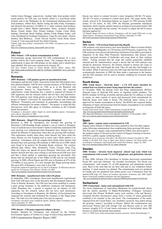 Gerber Green Monggo, respectively. Another baby food product which 
tested positive for GM soya was Isomil, which is a soya-based infant 
formula sold in the Philippines by the international pharmaceutical and 
food producer, Abbott Ross. Before testing the baby foods, Greenpeace 
had detected the presence of GMOs in 11 other common food products 
bought from a Metro Manila supermarket. These products included: 
Bonus Vienna franks, Rica Protina hotdogs, Campo Carne Moby 
hotdogs, Purefoods Beefy hotdogs, Quality Foods Budget franks, crab 
Cake distributed by Foodmart Enetrprises, Yung Ho soya drink , Doritos 
Smokey Red Barbecue, Nestle Nesvita Natural Cereal Drink, Knorr 
Cream of Corn soup and Isomil Soy Infant Formula. 
Popular baby food product contaminated with GMOs. Greenpeace press release, 
June 13 2001 
http://www.cyberdyaryo.com/press_release/pr2001_0614_01.htm 
Poland 
2001: Poland – GM soybean contamination in food 
Environmental groups discovered 4% GM contamination of a soya 
product sold by the Czech company Santé. The company did not have 
authorisation to place the GM product on the market and it should have 
been labelled. The tests were carried out by Genetic ID. 
GM Soya Product Found on Polish Market. BINAS Online, August 2001 
http://binas.unido.org/binas/show.php?id=351&type=html&table=news_sources& 
dir=news 
Romania 
2005: Romania – GM potatoes grown in unauthorized trials 
Greenpeace and the Sun Valley Association found that GM potatoes have 
been planted illegally. GM Bt insect resistant potatoes, of the Redsec and 
Coval varieties, were planted on 3340 sq m at the Research and 
Development Station in Tirgu-Secuiesc without the required 
authorization. Under Romanian law, a permit is required all releases of 
GM organisms, but the research station did not have such permission. 
The GM potatoes were being grown as part of a World Bank funded 
project of Banat’s University for Agricultural Sciences and Veterinary 
Medicine: “Promotion and extension of sustainable, non-polluting and 
efficient technologies for potato cultures”. The project is using Bacillus 
thuringiensis toxin (Bt) genes to introduce resistance to the Colarado 
beetle into potatoes. 
Greenpeace a descoperit culturi ilegale de cartof modificat genetic. Greenpeace 
press release, September 8, 2005 
http://www.greenpeace.ro/campaigns/story/story_95.html 
2005: Romania – illegal GM soya growing widespread 
Research in 2005 by Greenpeace, has revealed that growing of 
Monsanto’s GM Roundup Ready soybean is out of control in Romania. 
Tests of soybean leaves from farmer's fields revealed that undeclared GM 
soya growing was widespread.Under Romanian laws, farmers have to 
inform the Ministry of Agriculture when they are growing GM soybeans. 
This registration usually takes place when farmers buy their seeds but 
many farmers are now keeping seed to resow and a black market is in 
operation. Greenpeace took ten samples from fields where farmers had 
declared they were growing GM soybeans in 2004 but not in 2005 which 
were found to be positive for Roundup Ready soybeans. The counties 
affected (Iaşi, Mures, Alba, Hunedoara, Tulcea, Giurgiu, Arad, Cluj, 
Sălaj and Arges) are spread all across Romania. Interviews with local 
farmers showed that they were willing to sell farm-saved GM soya seed 
and that a black market in undeclared growing has developed. One 
farmer had not declared any of the 500ha of GM soya he was actually 
growing. In 2004, official figures put GM soya in Romania at 47% of the 
123,000ha of soya grown. It is now thought that illegal growing means 
that up to 90% of Romania’s soya crop is now GM. 
Genetically engineered organisms out of control in Romania. Ex-Monsanto director 
speaks out. Greenpeace Press Release, October 10, 2005 
http://www.greenpeace.org/international/press/releases/1010_GE-Romania 
2005: Romania – unauthorized trials with GM plums 
In September 2005, Greenpeace discovered unauthorized experimental 
trials with GM plum trees at the Research and Development Station for 
Trees in Bistriţa, Romania. The GM trees have been modified to contain 
a gene giving resistance to the antibiotics neomycin and kanamycin. 
Under Romanian law, a permit is required for all releases of GM 
organisms but the research station did not have such permission. 
According to Greenpeace in Romania, the Ministry of Environment has 
inspected the research and confirmed the existence of the illegal plum 
trees. The trials are to be halted and a fine may be imposed. 
Greenpeace descoperă pruni modificaţi genetic plantaţi ilegal Greenpeace press 
release September 26, 2005 
http://www.greenpeace.ro/campaigns/story/story_100.html 
1999: Russia – GM maize imported without a license 
Samples obtained by Greenpeace and analysed by the Federal 
Environment Agency of Austria of a cargo of maize being imported into 
Russia was shown to contain Novartis’s (now Syngenta) GM Bt 176 maize. 
The Bt 176 maize is resistant to certain insect pests. The cargo carrier, Blue 
Zenith, arrived at St. Petersburg harbour on August 16 1999 carrying 42,000 
tonnes of US maize. In July 1999, the Russian government introduced 
legislation which requires permits based on ecological assessment before GM 
crops can be imported into the country. No license to import the Bt176 maize 
had been applied for. 
US illegally dumps GE maize on Russia; Greenpeace calls for tough GMO rules to stop 
illegal exports. Greenpeace International Press Release, September 16 1999 
http://archive.greenpeace.org/pressreleases/geneng/1999sep16.html 
Serbia 
2005: Serbia – GM soybean found growing illegally 
GM soybeans were discovered to have been planted in Mačva (western Serbia) 
and Surčin (near Belgrade), on 370 hectares and 50 hectares, respectively. The 
GM soybeans were discovered following information from Mačva provided to 
inspectors of the State Plant Protection Administration, that farmers were 
buying increased amounts of herbicides and using them on their soybean 
fields. Testing revealed that the crops did contain genetically modified 
material and the Administration issued a decree that the GM soybean crop 
should be destroyed. However, the farmers refused to destroy the crops or 
disclose where they had bought the seed. They all said they had bought it at 
the market. While in previous years any GM crops that had been detected were 
systematically destroyed, in 2005 the State made a concession to the farmers 
and the GM soybeans will be used to produce middling for livestock feeds 
production. 
South Korea 
2000: South Korea - StarLink maize - a US GM maize intended for 
animal feed was found in maize being imported into the country 
In November 2000, the Korean Food and Drug Administration (KFDA) 
detected traces of StarLink GM maize in imported tortilla products. The 
KFDA recalled 14,528 kg of tortillas and has asked the US embassy in Seoul 
to ensure no more exports of maize and processed food contaminated by 
StarLink maize were made to Korea. The StarLink maize variety is not 
approved for human consumption in Korea. The KFDA also required further 
shipments of maize and processed food for human consumption to be certified 
as being free of StarLink maize. 
Friends of the Earth report: GMO Contamination Around the World 
http://www.foe.org/camps/comm/safefood/gefood/foodaid/contamination.pdf 
The StarLink Situation. Iowa Grain Quality Initiative 18 November 2003 
http://www.extension.iastate.edu/grain/resources/biotech/starlink.htm 
Spain 
2003: Spain - organic maize contaminated by GM 
Organic maize farmers in Spain have been reported to have lost their organic 
status following contamination from neighbouring farms growing GM maize. 
The first cases of organic crops contaminated by GMOs were discovered in 
the northern region of Navarra by the Council of Organic Farming in Navarra 
(CPAEN, a public organic certifying body). 
Battle heats up as strains mix with others. The Wall Street Journal, November 8, 2005 
Failing in the field. GM crops in Spain don't deliver promises, but harm farmers and 
environment. Greenpeace and Friends of the Earth Press Release. August 26, 2003 
http://www.foeeurope.org/press/2003/AW_26_August_failing.htm 
Sweden 
2000: Sweden - Advanta Seeds imported oilseed rape seed, which was 
contaminated with around 1% of GM glyphosate and glufosinate tolerant 
seed. 
In May 2000, Advanta UK's distributor in Sweden discovered contaminated 
Hyola 401 seed and informed the Swedish Government. The Hyola was 
contaminated with around 1% of GM glyphosate and glufosinate tolerant 
seed. Most of the seed had not yet been sold and so was withdrawn before 
planting. A small amount was planted. The contaminated seed was produced 
in Canada and was produced from plants grown over 4 kilometres from the 
nearest GM crop. UK House of Commons Agriculture Committee, July 2000, Eighth 
Report 'Genetically modified organisms and seed segregation' 
http://www.parliament.the-stationery-office.co.uk/pa/cm199900/cmselect/cmagric/812/81203.htm 
Switzerland 
1999: Switzerland - maize seed contaminated with GM 
The Swiss Department of Agriculture (Budesamt fur Landwirtschaft; Bern) 
and the district president of Baden-Wurtlemberg (Tubingen, Germany) 
discovered that Pioneer Hi-Bred's maize seed varieties, Ulla and Benicia, 
contained Bacillus thuringiensis genes from a variety of maize genetically 
modified to be resistant to the corn borer. The contamination of the seeds, 
imported from the United States, was "probably caused by stray pollen during 
the growing season," according to Pioneer. Before the contamination was 
discovered, Pioneer had sold enough Ulla and Benicia seeds to sow 400 
hectares (roughly 0.5% of total maize cultivation in Switzerland), about 200 
hectares of which had already been planted. 
Furst, I. (1999) Swiss soiled seed prompts tolerance question. Nature Biotechnology 17: 
GM Contamination Register Report 2005 30 
 