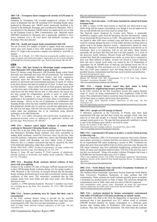 2003: UK – Greenpeace detect unapproved varieties of GM maize in 
shipments 
Sampling by Greenpeace UK revealed unapproved varieties of GM 
maize in shipments into the UK including GA21 Roundup Ready maize 
produced by Monsanto and NK603 maize, genetically modified to be 
tolerant to the herbicide, Roundup, and is produced by Monsanto. After it 
was detected in the shipment, NK603 maize was approved for use in feed 
by the European Union in 2004. Contamination with MaxGard maize 
(MON863 produced by Monsanto and is genetically modified to have 
insect resistance (via a Bt toxin gene) and herbicide resistance (to 
Roundup). Was also detected. 
2004: UK – health and organic foods contaminated with GM 
Ten out of twenty five samples of health or organic foods that contained 
whole soya were found to have GM soybean contamination at levels 
below 1%. Eight of the ten positive samples were labeled as ‘non-GM’ or 
organic. 
Partridge, M. & Murphy, D.J. (2004) Detection of genetically modified soya in a 
range of organic and health food products: Implications for the accurate labelling 
of foodstuffs derived from potential GM crops. British Food Journal 106:166-180 
USA 
1997: USA - fifty four farmers in Mississippi sought compensation 
when Monsanto’s HT cotton failed to grow properly 
Some US farmers using Monsanto's GM Roundup Ready cotton found 
that bolls were deformed and many fell off prematurely. The Arbitration 
Council (which moderates between farmers and seed companies) 
eventually ruled that Monsanto’s Roundup Ready cotton failed to 
perform as advertised and recommended payments of nearly $2 million 
to the three farmers who had not settled out of court. In these cases, there 
was fruit abortion – where cotton bolls do not form properly and drop off 
– on the lower parts of the plants. Late season growth can compensate for 
yield losses but this delays harvest and, in some places, the season was 
not long enough for compensatory growth to occur so yields were 
reduced. This problem is now attributed to the translocation of 
glyphosate to the reproductive tissues of cotton where it accumulates and 
causes damage. Advice on the use of glyphosate in combination with 
Roundup Ready cotton has been modified and the label instructions state 
that glyphosate should only be used for over-the-top applications up to 
the four true leaf stage. After the four true leaf stage, contact between the 
cotton plant and glyphosate has to be minimised using directed 
techniques as for other herbicides. 
Pline, W.A., et al (2001) Absorption and translocation of glyphosate in 
glyphosate-resistant cotton as influenced by application method and 
growth stage. Weed Science 49: 460-467. 
1999: USA - farmers report higher incidence of sudden death 
syndrome in Monsanto's Roundup Ready soybean. 
In the USA in the late 1990s, there were anecdotal reports from farmers 
that Monsanto's Roundup Ready soybeans were more susceptible to 
sudden death syndrome, caused by Fusarium solani ssp glycines, than 
non-GM soybeans. Laboratory studies have shown that Roundup Ready 
soybean, treated with Roundup, can have higher levels of disease. 
However, this is a complex association and may be caused by the stress 
of the herbicide application, rather than a GM effect, per se. 
Wendy Pline-Srnic (2005) Technical performance of some commercial 
glyphosate-resistant crops. Pest Manag Sci 61:225–234 
Sanogo S, Yang XB and Lundeen P, Field response of glyphosate-tolerant 
soybean to herbicides and sudden death syndrome. Plant Dis 
85:773–779 (2001). 
1999: USA - Roundup Ready soybeans showed evidence of heat 
stress with stem splitting 
Farmers in the southern US state of Georgia, suffered unexpected losses 
in their GM Roundup Ready soybeans during very hot spring weather in 
1998. Research at the University of Georgia showed that the Roundup 
Ready soybeans performed much worse than conventional varieties under 
conditions of heat stress. The researchers considered that the GM 
soybean stems were more brittle and split more easily, thus allowing 
infection to enter. 
Coghlan, A. (1999) Splitting headache. Monsanto’s modified soya beans 
are cracking up in the heat. New Scientist, No 2213, 20th November 
1999, p25. 
2000: USA - farmers producing soya for Japan find their crop is 
contaminated 
In the USA, soybean farmers trying to provide for the non-GM 
conventional or organic markets have found that their crops have been 
contaminated by GM. They have lost their premiums as a result. 
Seeds of Doubt. North American Farmers' experiences of GM crops. The Soil 
Association, UK. 
http://www.soilassociation.org/web/sa/saweb.nsf/ed0930aa86103d8380256aa70054918d/a72f34ecca9b6 
4e880256cd70037de0a!OpenDocument 
2000: USA - StarLink maize - a GM maize intended for animal feed found 
in human food. 
In 2000, a variety of GM maize known as StarLink was discovered in taco 
shells being sold for human consumption even though it was not approved for 
this use and should only have been used for animal feed. 
The StarLink maize, produced by Aventis (now Bayer), is genetically 
modified to contain a gene from the bacterium, Bacillus thuringiensis, coding 
for an insecticidal Bt toxin known as Cry9C. This particular type of Bt toxin is 
not found in other GM insect resistant crops and there are concerns that it 
could be a human allergen because it is heat stable and does not break down in 
gastric acid in the human digestive system - characteristics shared by many 
allergens. Because Cry9C is not found in Bt preparations used directly as an 
insecticide, there is no experience with its use and safety. Many farmers 
reportedly did not know that StarLink had to be kept separate. As a result of 
the discovery, Kraft, Safeway, Mission Foods and Western Family rapidly 
recalled their StarLink contaminated taco shells, an action that is estimated to 
have cost them millions of dollars. Aventis was forced to remove StarLink 
from sale and a formal recall order was issued by the US Department of 
Agriculture for all 350,000 acres of StarLink corn planted across the US in 
2000. Although the FDA purchased over $13 million of Starlink seed since 
then, the Cry9C gene sequences were still being detected in seed in 2003, 
possibly because contaminated seed has been used in hybrid seed production. 
The StarLink Information Center. 
http://www.starlinkcorn.com/starlinkcorn.htm 
Banned GE StarLink Corn Still Contaminating 1% of US Corn Crop. Organic 
Consumers' Association, December 1 2003 
http://www.organicconsumers.org/ge/ge_corn_starlink.cfm 
2001: USA - organic farmers report that their maize is being 
contaminated by neighbouring farmers growing GM maize 
In the USA, research by the Soil Association reveals that organic farmers' 
crops of maize are being contaminated by their neighbours' fields of GM 
maize. This contamination leads to economic losses because they are unable to 
sell all their maize as organic and so loose their premium. 
Seeds of Doubt. North American Farmers' experiences of GM crops. The Soil 
Association, UK. 
http://www.soilassociation.org/web/sa/saweb.nsf/ed0930aa86103d8380256aa70054918d/a72f34ecca9b6 
4e880256cd70037de0a!OpenDocument 
2001: USA – people eat GM sausage at funeral 
A laboratory technician at the University of Florida stole three dead 
experimental GM pigs and had them turned into sausages which were then 
eaten by at least nine people at a funeral. Reports differ as to whether the 
sausages tasted good or not. The pigs had been genetically modified to contain 
a copy of the rhodopsin gene which is involved in vision. 
Pig out. New Scientist, 28 July 2001, p 14. 
Tainted pigs show up in sausage at funeral. Associated Press, June 3 2001. 
http://www.mindfully.org/GE/GE2/Pig-Sausage-Funeral.htm 
2002: USA - experimental GM maize to produce a vaccine found growing 
in following crop 
In Iowa in September, 2002, US Government inspectors discovered volunteer 
maize plants growing in a soybean field that was used as a ProdiGene test site 
for an experimental GM maize producing a vaccine in 2001. Volunteers are 
plants that grow from seed spilled at harvest from a previous crop. Because the 
GM maize volunteers may have pollinated neighbouring commercial maize 
fields, all maize seed and plant material within 1320 feet of the previous year’s 
test plot was destroyed. Along with another violation, Prodigene had to pay a 
$250,000 fine and incurred other costs of £3.5 million. 
What is the compliance history with APHIS’ biotechnology regulations? Biotechnology 
Regulatory Services of the Animal & Plant Health Inspection Service, US Department of 
Agriculture. 
http://www.aphis.usda.gov/brs/compliance9.html 
2002: USA - North Dakota State University's Foundation Seedstocks of 
natto soybean contaminated with GM 
The Northern Plains Sustainable Agriculture Society found that North Dakota 
State University's Foundation Seedstocks of natto soybean had GM 
contamination. Natto soybeans are small soybeans specially grown to produce 
a fermented soy product known as Natto in Japan. The university thought the 
contamination arose in 2000, when seed was sent to Chile for expansion. 
Seed contamination raises control issues; Sustainable ag group says gene-altered 
soybeans spilled onto non-GMO stocks Grand Forks Herald November 18, 2002. 
http://www.biotech-info.net/control_issues.html 
2002: USA - soybeans destined for human consumption contaminated 
with stalks of ProdiGene's GM maize producing an animal vaccine. 
On November 12th 2002 in the USA, the Department of Agriculture (USDA) 
announced that it had quarantined over $2.7 million worth of soybeans 
(500,000 bushels) destined for human consumption at a Nebraska grain 
elevator after finding stalks of ProdiGene's GM maize mixed with the 
soybeans. They later ordered their destruction. The field where the soybeans 
GM Contamination Register Report 2005 32 
 