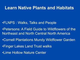 Learn Native Plants and Habitats 
• FLNPS : Walks, Talks and People 
• Petersons: A Field Guide to Wildflowers of the 
Northeast and North Central North America 
• Cornell Plantations Mundy Wildflower Garden 
• Finger Lakes Land Trust walks 
• Lime Hollow Nature Center 
 