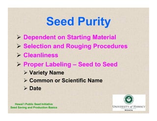 Seed Purity 
 Dependent on Starting Material 
 Selection and Rouging Procedures 
 Cleanliness 
 Proper Labeling – Seed to Seed 
 Variety Name 
 Common or Scientific Name 
 Date 
Hawai’i Public Seed Initiative 
Seed Saving and Production Basics 
 