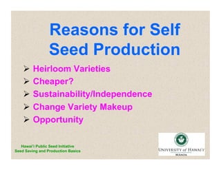 Reasons for Self 
Seed Production 
 Heirloom Varieties 
 Cheaper? 
 Sustainability/Independence 
 Change Variety Makeup 
 Opportunity 
Hawai’i Public Seed Initiative 
Seed Saving and Production Basics 
 