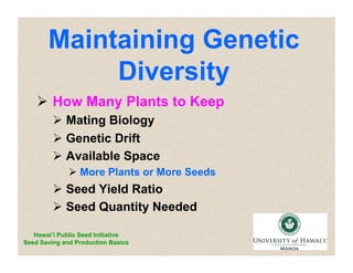 Maintaining Genetic 
Diversity 
 How Many Plants to Keep 
 Mating Biology 
 Genetic Drift 
 Available Space 
 More Plants or More Seeds 
 Seed Yield Ratio 
 Seed Quantity Needed 
Hawai’i Public Seed Initiative 
Seed Saving and Production Basics 
 