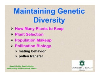 Maintaining Genetic 
Diversity 
 How Many Plants to Keep 
 Plant Selection 
 Population Makeup 
 Pollination Biology 
 mating behavior 
 pollen transfer 
Hawai’i Public Seed Initiative 
Seed Saving and Production Basics 
 