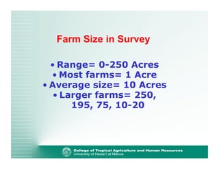 Farm Size in Survey 
• Range= 0-250 Acres 
• Most farms= 1 Acre 
• Average size= 10 Acres 
• Larger farms= 250, 
195, 75, 10-20 
 