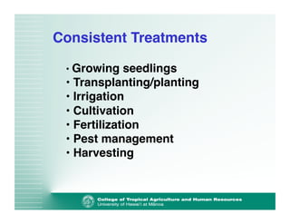 Consistent Treatments" 
• Growing seedlings! 
• Transplanting/planting! 
• Irrigation! 
• Cultivation! 
• Fertilization! 
• Pest management! 
• Harvesting! 
 