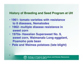 History of Breeding and Seed Program at UH 
• 1961- tomato varieties with resistance 
to 8 diseases, Nematodes! 
• 1962- multiple disease resistance in 
sweet corn! 
• 1970s- Hawaiian Supersweet No. 9, 
sweet corn, Waimanalo Long eggplant,! 
Poamoho pole bean! 
• Pele and Waimea potatoes (late blight)! 
• 
 