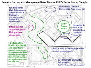 Potential Stormwater Management Retrofits near KSU’s Derby Dining Complex 
Moore Hall/Claflin Rd. 
Bioretention Area (Spring ’09?) 
Haymaker & 
Ford Hall 
Bioretention 
Gardens 
(Spring ’09?) 
Derby 
Green 
Roof * 
International 
Student Center 
Raingarden 
(Spring 2007) 
West & Ford Hall Parking Retrofit 
(Summer ’09 construction?) 
Boyd Hall/Old Claflin Rd. 
Raingarden 
(Fall ’08 / Spring ’09 implementation?) 
ISC/Residence 
Hall Raingardens, 
Amphitheater & 
Pathways 
(Fall 2009 charrette; 
Summer 2010 
implementation?) 
* Collaborative 
Project with BNIM 
and other firms 
(Fall 2007 Studio Project; 
includes designing Green 
Roofs for Seaton Hall and 
other buildings at KSU; 
location and construction 
of a demonstration green 
roof date TBD) 
 