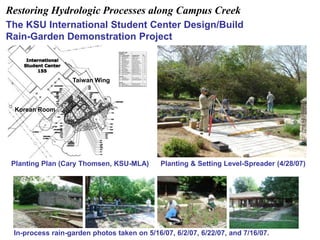 Restoring Hydrologic Processes along Campus Creek 
The KSU International Student Center Design/Build 
Rain-Garden Demonstration Project 
Taiwan Wing 
Korean Room 
Planting Plan (Cary Thomsen, KSU-MLA) Planting & Setting Level-Spreader (4/28/07) 
In-process rain-garden photos taken on 5/16/07, 6/2/07, 6/22/07, and 7/16/07. 
 