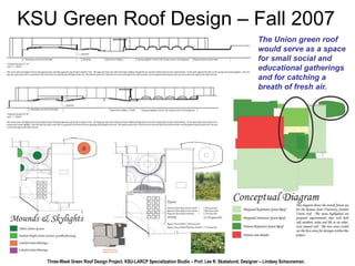 KSU Green Roof Design – Fall 2007 
The Union green roof 
would serve as a space 
for small social and 
educational gatherings 
and for catching a 
breath of fresh air. 
Three-Week Green Roof Design Project, KSU-LARCP Specialization Studio – Prof. Lee R. Skabelund; Designer – Lindsey Scheuneman. 
 