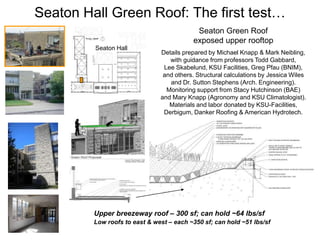Seaton Hall Green Roof: The first test… 
Seaton Hall 
Seaton Green Roof 
exposed upper rooftop 
Details prepared by Michael Knapp & Mark Neibling, 
with guidance from professors Todd Gabbard, 
Lee Skabelund, KSU Facilities, Greg Pfau (BNIM), 
and others. Structural calculations by Jessica Wiles 
and Dr. Sutton Stephens (Arch. Engineering). 
Monitoring support from Stacy Hutchinson (BAE) 
and Mary Knapp (Agronomy and KSU Climatologist). 
Materials and labor donated by KSU-Facilities, 
Derbigum, Danker Roofing & American Hydrotech. 
Upper breezeway roof – 300 sf; can hold ~64 lbs/sf 
Low roofs to east & west – each ~350 sf; can hold ~51 lbs/sf 
 