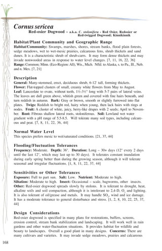168 
Cornus sericea 
Red-osier Dogwood - a.k.a. C. stolonifera - Red Osier, Redosier or 
Red-twigged Dogwood; Kinnikinnik 
Habitat/Plant Community and Geographic Range 
Habitat/Community: Swamps, marshes, shores, stream banks, flood plain forests, 
sedge meadows, wet to wet-mesic prairies, calcareous fens, shrub thickets and sand 
dunes. It is a characteristic shrub of shrub-carrs. It may form dense thickets and may 
invade nonwooded areas in response to water level changes. [7, 11, 16, 22, 36] 
Range: Common; Minn. (Eco-Region: All), Wis., Mich. Nfld. to Alaska, s. to Pa., Ill., Neb. 
and n. Mex. [7, 21] 
Description 
General: Many-stemmed, erect, deciduous shrub, 6-12' tall, forming thickets. 
Flower: Flat-topped clusters of small, creamy white flowers from May to August. 
Leaf: Lanceolate to ovate, without teeth, 1½-3½'' long with 5-7 pairs of lateral veins. 
The leaves are dull green above, whitish green and covered with fine hairs beneath, and 
turn reddish in autumn. Bark: Gray or brown, smooth or slightly furrowed into flat 
plates. Twigs: Reddish to bright red, hairy when young, then lack hairs with rings at 
nodes. Fruit: A cluster of white, juicy, berry-like drupes with 2 seeds; April to Novem-ber. 
Root: Fibrous shallow lateral roots, stoloniferous. Soil: Lowland wet water 
gradient with a pH range of 5.5-8.5. Will tolerate many soil types, including calcare-ous 
and peat. [7, 8, 11, 22, 36, 44] 
Normal Water Level 
This species prefers mesic to wet/saturated conditions. [21, 37, 44] 
Flooding/Fluctuation Tolerances 
Frequency: Moderate. Depth: 36''. Duration: Long – 30+ days (12'' every 2 days 
until the last 12'', which may last up to 30 days). It tolerates constant inundation 
during early spring better than during the growing season, although it will tolerate 
seasonal and irregular fluctuations. [1, 8, 11, 22, 37, 44] 
Sensitivities or Other Tolerances 
Exposure: Full to part sun. Salt: Low. Nutrient: Moderate to high. 
Siltation: Moderate to high. Insect: Occasional – scale, bagworms, other insects. 
Other: Red-osier dogwood spreads slowly by stolons. It is tolerant to drought, heat, 
alkaline soils and soil compaction, although it is intolerant to 2,4-D, O3 and lighting. 
It is also tolerant of oil/grease and metals. It may handle SO2, wind and ice damage. 
It has a moderate tolerance to general disturbance and stress. [1, 2, 8, 10, 22, 25, 37, 
44] 
Design Considerations 
Red-osier dogwood is specified in many plans for restorations, buffers, screens, 
erosion control, stream bank stabilization and landscaping. It will work well in rain 
gardens and other water-fluctuation situations. It provides habitat for wildlife and 
beauty to landscapes. Overall a good plant in many designs. Concerns: There are 
many cultivars and varieties. It may invade sedge meadows, prairies and calcareous 
 