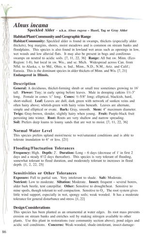 86 
Alnus incana 
Speckled Alder - a.k.a. Alnus rugosa – Hazel, Tag or Gray Alder 
Habitat/Plant Community and Geographic Range 
Habitat/Community: Speckled alder is found in swamps, thickets (especially alder 
thickets), bog margins, shores, moist meadows and is common on stream banks and 
floodplains. This species is also found in lowland wet areas such as openings in low, 
wet woods and low alluvial flats. It may also be present in bogs and coniferous 
swamps on neutral to acidic soils. [7, 11, 22, 36] Range: All but sw. Minn. (Eco- 
Region: 1-8), but local in sw. Wis., and se. Mich. Widespread across Can. from 
Nfld. to Alaska, s. to Md., Ohio, n. Ind., Minn., N.D., N.M., Ariz. and Calif.; 
Eurasia. This is the dominant species in alder thickets of Minn. and Wis. [7, 21] 
Endangered in Illinois. 
Description 
General: A deciduous, thicket-forming shrub or small tree sometimes growing to 16' 
tall. Flower: Tiny; in early spring before leaves. Male in drooping catkins 1½-3'' 
long. Female in cones ¼'' long. Cones: ½-5/8'' long; elliptical, blackish, hard, 
short-stalked. Leaf: Leaves are dull, dark green with network of sunken veins and 
often hairy above; whitish-green with hairy veins beneath. Leaves are alternate, 
simple and elliptical or ovate. Bark: Gray, smooth. Stem: 4'' maximum diameter. 
Twigs: Gray-brown, slender, slightly hairy when young. Fruit: Purple-black fruit 
persisting into winter. Root: Roots are very shallow and narrow spreading. 
Soil: Prefers deep loams to loamy sands that are wet to moist. [7, 11, 22, 36] 
Normal Water Level 
This species prefers upland moist/mesic to wet/saturated conditions and is able to 
tolerate inundation to 6'' or less. [21] 
Flooding/Fluctuation Tolerances 
Frequency: High. Depth: 2'. Duration: Long – 6 days (decrease of 1' in first 2 
days and a steady 6''/2 days thereafter). This species is very tolerant of flooding, 
somewhat tolerant to flood duration, and moderately tolerant to increases in flood 
depth. [1, 2, 22, 25] 
Sensitivities or Other Tolerances 
Exposure: Full to partial sun. Very intolerant to shade. Salt: Moderate. 
Nutrient: Low to moderate. Siltation: Moderate. Insect: frequent – several borers, 
alder bark beetle, tent caterpillar. Other: Sensitive to drought/heat. Sensitive to 
mine spoils, though tolerant to soil compaction. Sensitive to O3. The root system gives 
little wind support, especially in wet, spongy soils; weak wooded. It has a moderate 
tolerance for general disturbance and stress. [1, 22] 
Design Considerations 
This species has been planted as an ornamental at water edges. Its root mass prevents 
erosion on stream banks and enriches soil by making nitrogen available to other 
plants. Use this plant in restorations (see community section above), pond edges and 
acidic soil conditions. Concerns: Weak-wooded, shade-intolerant, insect-damage- 
 