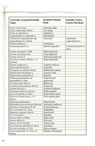 62 
Carex stricta Lam. Tussock sedge 
Carex vulpinoidea Michx. Fox sedge 
Celtis occidentalis L. Hackberry 
Cephalanthus occidentalis L. Buttonbush 
Chamerion angustifolium ssp. 
angustifolium (L.) Holub 
Fireweed Epilobium 
angustifolium L. 
Chelone glabra L. Turtlehead 
Comarum palustre L. Marsh cinquefoil Potentilla palustris L. 
Scop. 
Cornus amomum P. Mill Silky dogwood 
Cornus racemosa Lam. Gray dogwood 
Cornus sericea L. Red-osier dogwood 
Eleocharis obtusa (Willd.) J. A. 
Blunt spikerush 
Schultes 
Elymus virginicus L. Virginia wild rye 
Equisetum fluviatile L. Horsetail 
Eryngium yuccifolium Michx. Rattlesnake master 
Eupatorium maculatum L. Joe-pye-weed 
Eupatorium perfoliatum L. Boneset 
Euthamia graminifolia var. 
graminifolia (L.) Nutt. 
Grass-leaved 
goldenrod 
Fraxinus nigra Marsh. Black ash 
Fraxinus pennsylvanica Marsh. Green ash 
Galium boreale L. Northern bedstraw 
Gentiana andrewsii Griseb. Bottle gentian 
Glyceria grandis S. Wats. Giant manna grass 
Glyceria striata (Lam.) A. S. 
Fowl manna grass 
Hitchc. 
Helenium autumnale L. Sneezeweed 
Helianthus grosseserratus Martens Sawtooth sunflower 
Heuchera richardsonii R. Br. Prairie alumroot 
Ilex verticillata (L.) Gray Winterberry 
Impatiens capensis Meerb. Jewelweed 
Iris versicolor L. Blueflag 
Juncus balticus Willd. Baltic rush 
Juncus effusus L. Soft rush 
Juncus torreyi Coville Torrey rush 
Larix laricina (Du Roi) K. Koch Tamarack 
Leersia oryzoides (L.) Sw. Rice-cut grass 
Liatris ligulistylis (A. Nels.) K. 
Schum. 
Meadow blazingstar 
Scientific Names 
Used in This Book 
Currently Accepted Scientific 
Name 
Accepted Common 
Name 
 