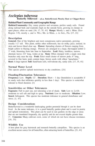 104 
Asclepias tuberosa 
Butterfly Milkweed - a.k.a. Butterflyweed, Pleurisy Root or Chigger-flower 
Habitat/Plant Community and Geographic Range 
Habitat/Community: Dry, sunny prairies and savannas, prefers sandy soils. Found 
along railroad beds and roadsides high on the outside berm, growing in clumps in 
open places, often on sand. [16, 17, 35, 41] Range: Mostly s. and e. Minn. (Eco- 
Region: 3-9), mostly s. and w. Wis.; Me. to Minn., s. to Ariz., Fla. [17, 21] 
Description 
General: One of the brightest and most conspicuous native perennials, growing 
usually 1-2’ tall. This plant, unlike other milkweeds, has no milky juice, instead, its 
stem and leaves bleed clear sap. Flower: Spreading clusters of flowers ranging from 
bright yellow to blazing orange. Flowers are arranged in a large, flat-topped umbel 2- 
3'' wide, blooming from late June to September. Leaf: Hairy, toothless, narrow, 
alternate leaves 2-6'' long, widen at tip. Stem: Often clumped with a single stem that 
branches only near the top. Fruit: Erect small cluster of narrow pods, 6'' long, 
covered in fine hairs; pods contain large, brown seeds with silken “parachutes.” 
Root: A large taproot. Soil: Sand/loam soils, will tolerate dry, sandy soils. [17, 35, 41] 
Normal Water Level 
This species prefers upland moist/mesic to dry conditions. [21] 
Flooding/Fluctuation Tolerances 
Frequency: Low. Depth: 12''. Duration: Short – 1 day (Inundation is acceptable if 
in sandy soils that infiltrates quickly in less than 1 day). This species is somewhat 
tolerant to flood duration. [1] 
Sensitivities or Other Tolerances 
Exposure: Full to part sun, not tolerating a lot of shade. Salt: Low to 2,4-D; 
moderate to soil salt and high to spray. Nutrient: Low to moderate. Siltation: Low. 
Insect: Infrequent. This species has moderate tolerance to general disturbance and 
stress. [1, 47] 
Design Considerations 
Butterflyweed is a wonderful landscaping garden perennial though it can be short 
lived. As the name indicates, it is a good butterfly garden plant and is used in prairie 
and upland restorations. This plant can be used in rain gardens on the edge or areas 
that are not inundated frequently, dry quickly and do not exceed depths greater than 
3''. Concerns: Many cultivars exist, some of which do not have disease resistance. 
[16, 35] 
Wildlife Use 
A host plant for gray hairstreak and monarch butterfly caterpillars. This species is an 
excellent nectar source for all butterflies, often attracting hords of butterflies. [21, 41] 
 