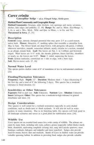 140 
Carex crinita 
Caterpillar Sedge - a.k.a. Fringed Sedge, Sickle-grass 
Habitat/Plant Community and Geographic Range 
Habitat/Community: Swamps, alder thickets, wet openings and mesic savannas, 
ditches, lake edges and potholes. [7, 16] Range: Ne. and ec. Minn. (Eco-Range: 1, 
5, 6), n. and c. Wis., Mich. Nfld. and Que. to Minn., s. to Ga. and Tex. 
Threatened in Iowa. [7, 21] 
Description 
General: Large, densely clumped perennial that may grow 2-5' as a cool-season, 
native herb. Flower: Attractive, 4'', nodding spikes that resemble a caterpillar from 
May to June. The flower heads are deep brown, with perigynia silk-green, 2-ribbed, 
otherwise nerveless, smooth, somewhat inflated, nearly circular in x-section, rounded 
to an abrupt, minute beak. Leaf: The leaves are flat, 1- to 3-ribbed, and brownish 
tinged. Main leaves are ¼-½'' wide, the sheaths glabrous, bracts leaf-like, sheathless 
or nearly so, the lowest one 8-22''. Stem: 3- sided, surpassing the leaves. 
Fruit: Achene lenticular, constricted on 1 side or edge, with a bent style. 
Soil: Wet-to-moist soils. [7, 16] 
Normal Water Level 
This species prefers shallow water of 6'' of inundation or less to wet/saturated conditions. 
[21] 
Flooding/Fluctuation Tolerances 
Frequency: High. Depth: 12''. Duration: Medium short – 3 days (decreasing 6'' 
the first day and a total of 6'' the following 2 days). This species has a moderate 
tolerance to flood duration. [1] 
Sensitivities or Other Tolerances 
Exposure: Full to part sun. Salt: Unknown. Nutrient: Low. Siltation: Unknown. 
Insect: Infrequent. Other: This species has a moderate-to-high tolerance to general 
disturbance and stress. [1] 
Design Considerations 
This species is well suited for a wetland restoration especially in semi-shaded 
conditions, such as shrub-carrs or shrub wetlands. It will also do well in water 
gardens in many situations. Due to its bunching habit, this species will look good in 
all landscape scenarios and serves as a good plant for stabilization areas. [16] 
Wildlife Use 
Carex species are an essential food source for a wide variety of wildlife. The achenes are 
eaten by many birds, including rails (sora, yellow), grouse (especially ruffed chicks) marsh 
birds, shorebirds, seed-eating songbirds (swamp, tree, song and Lincoln sparrows; snow 
buntings; cardinals; larkspurs and redpolls) and most waterfowl. Sedges also provide 
food for moose, beaver, deer and muskrats. Stands of Carex in shallow water can provide 
valuable spawning habitat. In addition to providing food, sedges also provide valuable 
 