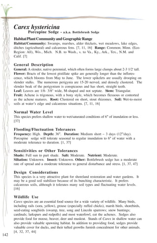 142 
Carex hystericina 
Porcupine Sedge - a.k.a. Bottlebrush Sedge 
Habitat/Plant Community and Geographic Range 
Habitat/Community: Swamps, marshes, alder thickets, wet meadows, lake edges, 
ditches (agricultural) and calcareous fens. [7, 11, 16] Range: Common; Minn. (Eco- 
Region: All), Wis., Mich. N.B. to Wash., s. to Va., Ky., Ark., Tex., N.M. and 
Calif. [7] 
General Description 
General: A slender, native perennial, which often forms large clumps about 2-3 1/2' tall. 
Flower: Bracts of the lowest pistillate spike are generally longer than the inflores-cence, 
which blooms from May to June. The lower spikelets are usually drooping on 
slender stalks. The numerous perigynia are 15-20 nerved, and densely clustered. The 
slender beak of the perigynium is conspicuous and has short, straight teeth. 
Leaf: Leaves are 1/8- 3/8'' wide, M-shaped and not septate. Stem: Triangular. 
Fruit: Achene is trigonous, with a bony style, which becomes flexuous or contorted 
as the achene matures. Root: Clustered on short, stout rhizomes. Soil: Wet-to-moist 
soils at water’s edge and calcareous situations. [7, 11, 16] 
Normal Water Level 
This species prefers shallow water to wet/saturated conditions of 6'' of inundation or less. 
[37] 
Flooding/Fluctuation Tolerances 
Frequency: High. Depth: 36''. Duration: Medium short – 3 days (12''/day). 
Porcupine sedge will tolerate seasonal to regular inundation to 6'' of water with a 
moderate tolerance to duration. [1, 37] 
Sensitivities or Other Tolerances 
Shade: Full sun to part shade. Salt: Moderate. Nutrient: Moderate. 
Siltation: Unknown. Insect: Unknown. Other: Bottlebrush sedge has a moderate 
rate of spread and a moderate tolerance to general disturbance and stress. [1, 37, 47] 
Design Considerations 
This species is a very attractive plant for shoreland restoration and water gardens. It 
may be a good soil stabilizer because of its bunching characteristic. It prefers 
calcareous soils, although it tolerates many soil types and fluctuating water levels. 
[16] 
Wildlife Use 
Carex species are an essential food source for a wide variety of wildlife. Many birds, 
including rails (sora, yellow), grouse (especially ruffed chicks), marsh birds, shorebirds, 
seed-eating songbirds (swamp, tree, song and Lincoln sparrows; snow buntings; 
cardinals; larkspurs and redpolls) and most waterfowl, eat the achenes. Sedges also 
provide food for moose, beaver, deer and muskrat. Stands of Carex in shallow water can 
also provide valuable spawning habitat. In addition to providing food, sedges provide 
valuable cover for ducks, and their tufted growths furnish concealment for other animals. 
[4, 32, 37, 44] 
 