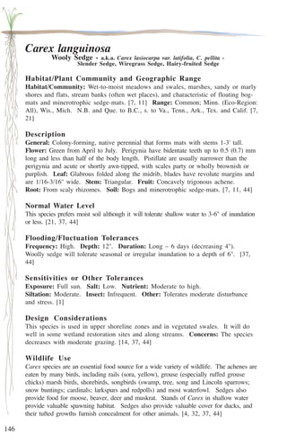 146 
Carex languinosa 
Wooly Sedge - a.k.a. Carex lasiocarpa var. latifolia, C. pellita - 
Slender Sedge, Wiregrass Sedge, Hairy-fruited Sedge 
Habitat/Plant Community and Geographic Range 
Habitat/Community: Wet-to-moist meadows and swales, marshes, sandy or marly 
shores and flats, stream banks (often wet places), and characteristic of floating bog-mats 
and minerotrophic sedge-mats. [7, 11] Range: Common; Minn. (Eco-Region: 
All), Wis., Mich. N.B. and Que. to B.C., s. to Va., Tenn., Ark., Tex. and Calif. [7, 
21] 
Description 
General: Colony-forming, native perennial that forms mats with stems 1-3' tall. 
Flower: Green from April to July. Perigynia have bidentate teeth up to 0.5 (0.7) mm 
long and less than half of the body length. Pistillate are usually narrower than the 
perigynia and acute or shortly awn-tipped, with scales party or wholly brownish or 
purplish. Leaf: Glabrous folded along the midrib, blades have revolute margins and 
are 1/16-3/16'' wide. Stem: Triangular. Fruit: Concavely trigonous achene. 
Root: From scaly rhizomes. Soil: Bogs and minerotrophic sedge-mats. [7, 11, 44] 
Normal Water Level 
This species prefers moist soil although it will tolerate shallow water to 3-6'' of inundation 
or less. [21, 37, 44] 
Flooding/Fluctuation Tolerances 
Frequency: High. Depth: 12''. Duration: Long – 6 days (decreasing 4''). 
Woolly sedge will tolerate seasonal or irregular inundation to a depth of 6''. [37, 
44] 
Sensitivities or Other Tolerances 
Exposure: Full sun. Salt: Low. Nutrient: Moderate to high. 
Siltation: Moderate. Insect: Infrequent. Other: Tolerates moderate disturbance 
and stress. [1] 
Design Considerations 
This species is used in upper shoreline zones and in vegetated swales. It will do 
well in some wetland restoration sites and along streams. Concerns: The species 
decreases with moderate grazing. [14, 37, 44] 
Wildlife Use 
Carex species are an essential food source for a wide variety of wildlife. The achenes are 
eaten by many birds, including rails (sora, yellow), grouse (especially ruffed grouse 
chicks) marsh birds, shorebirds, songbirds (swamp, tree, song and Lincoln sparrows; 
snow buntings; cardinals; larkspurs and redpolls) and most waterfowl. Sedges also 
provide food for moose, beaver, deer and muskrat. Stands of Carex in shallow water 
provide valuable spawning habitat. Sedges also provide valuable cover for ducks, and 
their tufted growths furnish concealment for other animals. [4, 32, 37, 44] 
 