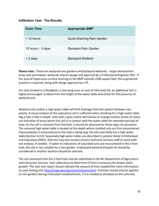 28 
Infiltration Test: The Results 
Drain Time Appropriate BMP < 12 hours Quick-Draining Rain Garden 12 hours – 3 days Standard Rain Garden > 3 days Backyard Wetland 
Please note: These are backyard rain gardens and backyard wetlands. Larger bioretention areas and stormwater wetlands require design and approval by a Professional Engineer (PE). If the area of impervious surface draining to the BMP exceeds 2500 square feet, the engineered practice is required, along with design approval by a PE. 
For sites located in a floodplain, a low-lying area, or east of Interstate 95, an additional test is highly encouraged to determine the height of the water table and check for the presence of wetland soils. 
Wetland soils and/or a high water table will limit drainage from the system between rain events. A visual analysis of the subsurface soil is sufficient when checking for a high water table. Dig a hole 2 feet in depth. Soils with a grey matrix with brown or orange mottles (areas of color) are indicative of areas where the soil is in contact with the water table for extended periods of time. As the soil is removed from the hole, it should be observed for these signs of saturation. The seasonal high water table is located at the depth where mottled soils are first encountered. If groundwater is encountered as the hole is being dug, the site very likely has a high water table (Section 4.4.4). Seasonally high water tables are described in greater detail in Richardson and Vepraskas (2001). Districts may also contact division technical services staff to assist with soil analysis, if needed. If water or indications of saturated soils are encountered in the 2 foot hole, the site is not suitable for a rain garden. A backyard wetland (Chapter 6) should be considered or another location should be selected. 
The soil extracted from the 2-foot hole may be submitted to the NC Department of Agriculture and Consumer Services Soils Laboratory to determine if lime is necessary for proper plant growth. The soils test report should indicate the amount of lime needed (for more information on soils testing visit http://ncagr.gov/agronomi/sthome.htm). Fertilizer should only be applied to rain gardens during initial plant establishment, if it is needed at all based on the soils test. 
 