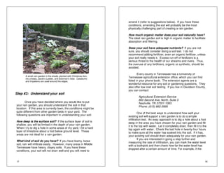 A small rain garden in the shade, planted with Christmas fern, 
Iris cristata, Jacob’s Ladder, and Soloman’s Seal. Caladiums 
and Impatiens are used around the edges. 
Step #3: Understand your soil 
17 
Once you have decided where you would like to put 
your rain garden, you should understand the soil in that 
location. If this area is currently lawn, the conditions might be 
quite different from other garden beds in your yard. The 
following questions are important in understanding your soil: 
How deep is the surface soil? If the surface layer of soil is 
shallow, you will be limited in the depth of your rain garden. 
When I try to dig a hole in some areas of my yard, I hit a hard 
layer of limestone about a foot below ground level. These 
areas are not ideal for a rain garden. 
What kind of soil do you have? If you have loamy, loose 
soil, rain will infiltrate easily. However, many areas in Middle 
Tennessee have heavy, clayey soils. If you have these 
conditions, your soil will not drain well and you will need to 
18 
amend it (refer to suggestions below). If you have these 
conditions, amending the soil will probably be the most 
physically challenging part of creating a rain garden. 
How much organic matter does your soil naturally have? 
The ideal rain garden soil is high in organic matter to facilitate 
absorption and filtering. 
Does your soil have adequate nutrients? If you are not 
sure, you should consider doing a soil test. I do not 
recommend adding fertilizer, even an organic fertilizer, unless 
your soil really needs it. Excess run-off of fertilizers is a 
serious threat to the health of our streams and rivers. Thus, 
the overuse of any fertilizers, organic or synthetic, should be 
avoided. 
Every county in Tennessee has a University of 
Tennessee agricultural extension office, which you can find 
listed in your phone book. The extension agents are a 
wonderful resource for any soil or gardening questions. They 
also offer low cost soil testing. If you live in Davidson County, 
you can contact: 
Agricultural Extension Service 
800 Second Ave. North, Suite 3 
Nashville, TN 37201-1083 
Phone: (615) 862-5995 
One of the best ways to understand how well your 
existing soil will support a rain garden is to do a simple 
infiltration test. An easy approach is to dig a hole about a foot 
deep in the area you have chosen for your rain garden and fill 
it to the top with water. Let it completely drain, then fill it to the 
top again with water. Check the test hole in twenty-four hours 
to make sure all the water has soaked into the soil. If it has, 
your existing soil should drain adequately for your rain garden. 
If you are interested in going a step further and 
measuring the rate of infiltration, you can mark the water level 
with a toothpick and then check how far the water level has 
dropped after a certain amount of time. For example, if the 
 