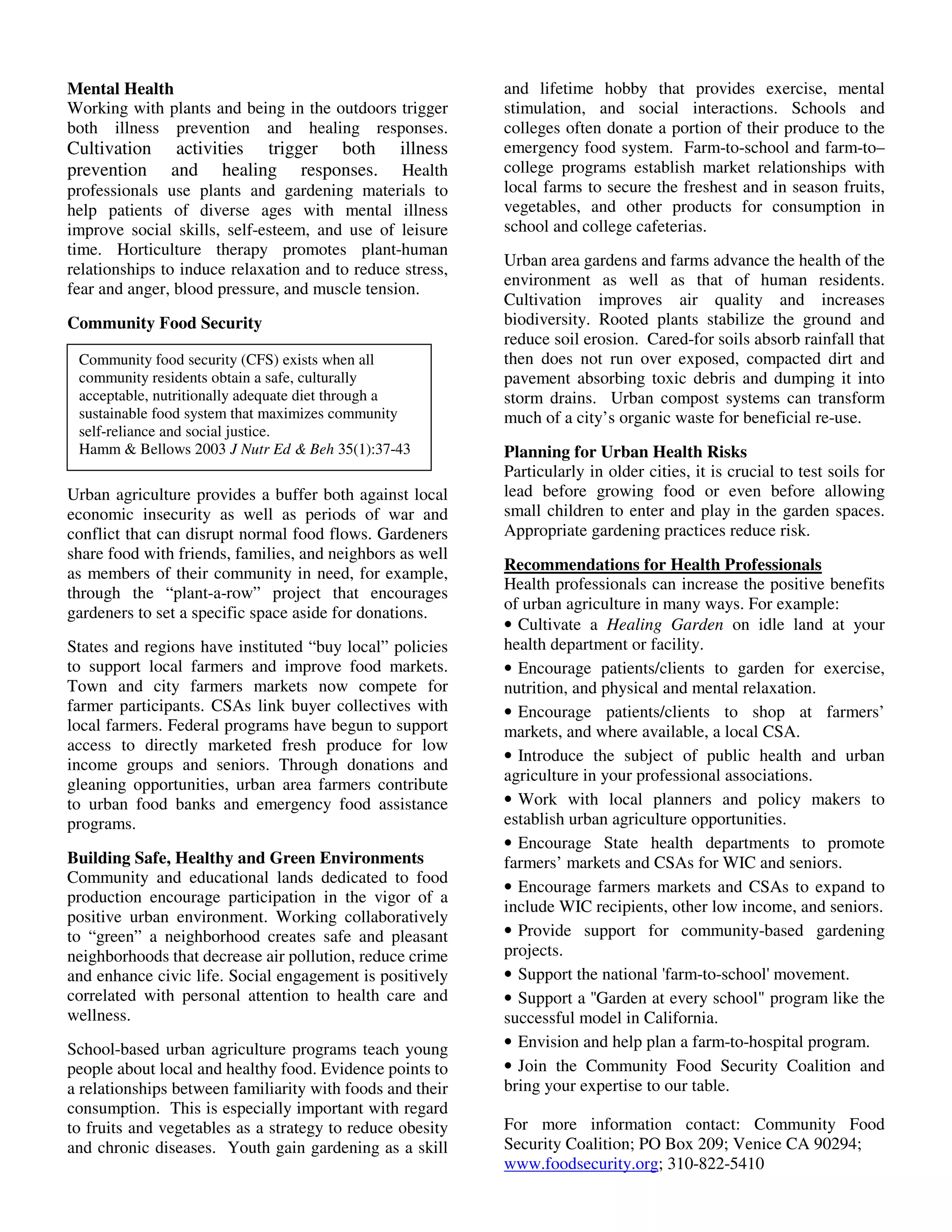 Health Benefits of Urban Agriculture | PDF