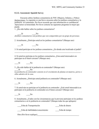 WIC, MPFS, and Community Gardens 33
E-2-2. Assessment: Spanish Survey
Encuesta sobres Jardines comunitarios de WIC (Mujeres, Infantes, y Niños)
Instrucciones: La siguiente es una breve encuesta sobre los jardines comunitarios y la
jardinería en contenedor. Por favor recuerde que esta información es confidencial.
Apreciamos su honestidad. Por favor conteste las siguientes preguntas lo mejor que
pueda:
1. ¿Ha oído hablar sobre los jardines comunitarios?
____Si ____No
Jardines comunitarios son jardines que son compartidos por un grupo de personas.
2. Actualmente, ¿Participa usted en los jardines comunitarios? (Marque uno)
____Si ____No
3. Si usted participa en los jardines comunitarios, ¿En donde esta localizado el jardín?
____________________________________________________________________
4. Si usted no participa en los jardines comunitarios, ¿Esta usted interesado/a en
participar en el futuro cercano? (Marque uno)
____Si ____No
5. ¿Ha oído hablar de la jardinería en contenedor? (Marque uno)
____Si ____No
La jardinería en contenedor consiste en el crecimiento de plantas en materos, jarros o
ollas adentro de la casa.
6. Actualmente, ¿Participa usted jardinería en contenedor? (Marque uno)
____Si ____No
7. Si usted aún no participa en la jardinería en contenedor. ¿Está usted interesado/a en
participar en la jardinería en contenedor en el futuro cercano? (Marque uno)
____Si ____No
8. Actualmente, ¿Cuáles son las circunstancias que le previene participar en los jardines
comunitarios o en la jardinería en contenedor? (Marque todas las que apliquen)
____Falta de Transportación ____Falta de dinero
____Falta de habilidades/conocimiento ____Falta de tiempo
Otro (Por favor explique)___________________________________________
 