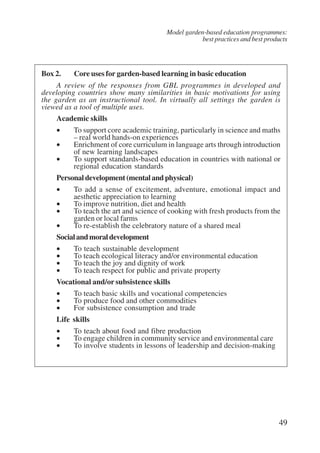 Model garden-based education programmes: 
best practices and best products 
49 
Box 2. Core uses for garden-based learning in basic education 
A review of the responses from GBL programmes in developed and 
developing countries show many similarities in basic motivations for using 
the garden as an instructional tool. In virtually all settings the garden is 
viewed as a tool of multiple uses. 
Academic skills 
• To support core academic training, particularly in science and maths 
– real world hands-on experiences 
• Enrichment of core curriculum in language arts through introduction 
of new learning landscapes 
• To support standards-based education in countries with national or 
regional education standards 
Personal development (mental and physical) 
• To add a sense of excitement, adventure, emotional impact and 
aesthetic appreciation to learning 
• To improve nutrition, diet and health 
• To teach the art and science of cooking with fresh products from the 
garden or local farms 
• To re-establish the celebratory nature of a shared meal 
Social and moral development 
• To teach sustainable development 
• To teach ecological literacy and/or environmental education 
• To teach the joy and dignity of work 
• To teach respect for public and private property 
Vocational and/or subsistence skills 
• To teach basic skills and vocational competencies 
• To produce food and other commodities 
• For subsistence consumption and trade 
Life skills 
• To teach about food and fibre production 
• To engage children in community service and environmental care 
• To involve students in lessons of leadership and decision-making 
International Institute for Educational Planning www.unesco.org/iiep 
 