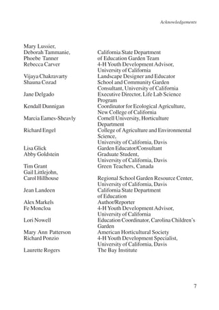 Acknowledgements 
7 
Mary Lussier, 
Deborah Tammanie, California State Department 
Phoebe Tanner of Education Garden Team 
Rebecca Carver 4-H Youth Development Advisor, 
University of California 
Vijaya Chakravarty Landscape Designer and Educator 
Shauna Cozad School and Community Garden 
Consultant, University of California 
Jane Delgado Executive Director, Life Lab Science 
Program 
Kendall Dunnigan Coordinator for Ecological Agriculture, 
New College of California 
Marcia Eames-Sheavly Cornell University, Horticulture 
Department 
Richard Engel College of Agriculture and Environmental 
Science, 
University of California, Davis 
Lisa Glick Garden Educator/Consultant 
Abby Goldstein Graduate Student, 
University of California, Davis 
Tim Grant Green Teachers, Canada 
Gail Littlejohn, 
Carol Hillhouse Regional School Garden Resource Center, 
University of California, Davis 
Jean Landeen California State Department 
of Education 
Alex Markels Author/Reporter 
Fe Moncloa 4-H Youth Development Advisor, 
University of California 
Lori Nowell Education Coordinator, Carolina Children’s 
Garden 
Mary Ann Patterson American Horticultural Society 
Richard Ponzio 4-H Youth Development Specialist, 
University of California, Davis 
Laurette Rogers The Bay Institute 
International Institute for Educational Planning www.unesco.org/iiep 
 