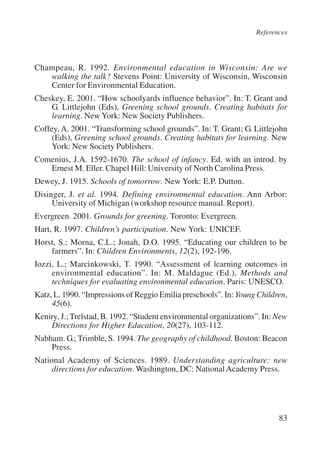 References 
Champeau, R. 1992. Environmental education in Wisconsin: Are we 
walking the talk? Stevens Point: University of Wisconsin, Wisconsin 
Center for Environmental Education. 
Cheskey, E. 2001. “How schoolyards influence behavior”. In: T. Grant and 
G. Littlejohn (Eds), Greening school grounds. Creating habitats for 
learning. New York: New Society Publishers. 
Coffey, A. 2001. “Transforming school grounds”. In: T. Grant; G. Littlejohn 
(Eds), Greening school grounds. Creating habitats for learning. New 
York: New Society Publishers. 
Comenius, J.A. 1592-1670. The school of infancy. Ed. with an introd. by 
83 
Ernest M. Eller. Chapel Hill: University of North Carolina Press. 
Dewey, J. 1915. Schools of tomorrow. New York: E.P. Dutton. 
Disinger, J. et al. 1994. Defining environmental education. Ann Arbor: 
University of Michigan (workshop resource manual. Report). 
Evergreen. 2001. Grounds for greening. Toronto: Evergreen. 
Hart, R. 1997. Children’s participation. New York: UNICEF. 
Horst, S.; Morna, C.L.; Jonah, D.O. 1995. “Educating our children to be 
farmers”. In: Children Environments, 12(2), 192-196. 
Iozzi, L.; Marcinkowski, T. 1990. “Assessment of learning outcomes in 
environmental education”. In: M. Maldague (Ed.), Methods and 
techniques for evaluating environmental education. Paris: UNESCO. 
Katz, L. 1990. “Impressions of Reggio Emilia preschools”. In: Young Children, 
45(6). 
Keniry, J.; Trelstad, B. 1992. “Student environmental organizations”. In: New 
Directions for Higher Education, 20(27), 103-112. 
Nabham. G.; Trimble, S. 1994. The geography of childhood. Boston: Beacon 
Press. 
National Academy of Sciences. 1989. Understanding agriculture: new 
directions for education. Washington, DC: National Academy Press. 
International Institute for Educational Planning www.unesco.org/iiep 
 