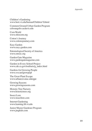 Appendix 
89 
Children’s Gardening 
www.hort.vt.edu/human/Children’G.html 
Common Ground Urban Garden Program 
celosangeles.ucdavis.edu 
Corn World 
www.ohiocorn.org 
Cotton’s Journey 
www.cottonsjourney.com 
Easy Garden 
www.easy-garden.com 
Entomological Society of America 
www.entsoc.org 
Garden Gate Magazine 
www.gardengatemagazine.com 
Garden in Every School Project 
www.cde.ca.gov/nsd/nets/g_index.html 
Gardens for Growing People 
www.svn.net/growpepl 
The Great Plant Escape 
www.urbanext.uiuc.edu/gpe 
Growing Seasons 
www.growingseasons.com 
Historic Tree Nursery 
www.historictrees.org 
Insect Lore 
www.insectlore.com 
Internet Gardening 
www.learning.lib.vt.edu 
Junior Master Gardener Program 
www.jmgkids.com 
International Institute for Educational Planning www.unesco.org/iiep 
 