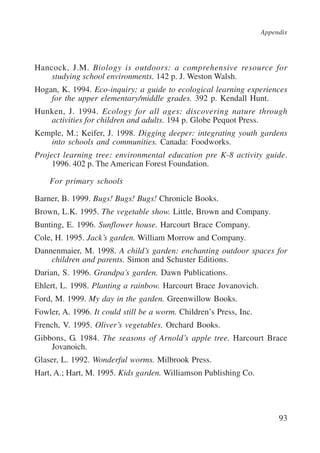 Appendix 
Hancock, J.M. Biology is outdoors: a comprehensive resource for 
93 
studying school environments. 142 p. J. Weston Walsh. 
Hogan, K. 1994. Eco-inquiry: a guide to ecological learning experiences 
for the upper elementary/middle grades. 392 p. Kendall Hunt. 
Hunken, J. 1994. Ecology for all ages: discovering nature through 
activities for children and adults. 194 p. Globe Pequot Press. 
Kemple, M.; Keifer, J. 1998. Digging deeper: integrating youth gardens 
into schools and communities. Canada: Foodworks. 
Project learning tree: environmental education pre K-8 activity guide. 
1996. 402 p. The American Forest Foundation. 
For primary schools 
Barner, B. 1999. Bugs! Bugs! Bugs! Chronicle Books. 
Brown, L.K. 1995. The vegetable show. Little, Brown and Company. 
Bunting, E. 1996. Sunflower house. Harcourt Brace Company. 
Cole, H. 1995. Jack’s garden. William Morrow and Company. 
Dannenmaier, M. 1998. A child’s garden: enchanting outdoor spaces for 
children and parents. Simon and Schuster Editions. 
Darian, S. 1996. Grandpa’s garden. Dawn Publications. 
Ehlert, L. 1998. Planting a rainbow. Harcourt Brace Jovanovich. 
Ford, M. 1999. My day in the garden. Greenwillow Books. 
Fowler, A. 1996. It could still be a worm. Children’s Press, Inc. 
French, V. 1995. Oliver’s vegetables. Orchard Books. 
Gibbons, G. 1984. The seasons of Arnold’s apple tree. Harcourt Brace 
Jovanoich. 
Glaser, L. 1992. Wonderful worms. Milbrook Press. 
Hart, A.; Hart, M. 1995. Kids garden. Williamson Publishing Co. 
International Institute for Educational Planning www.unesco.org/iiep 
 