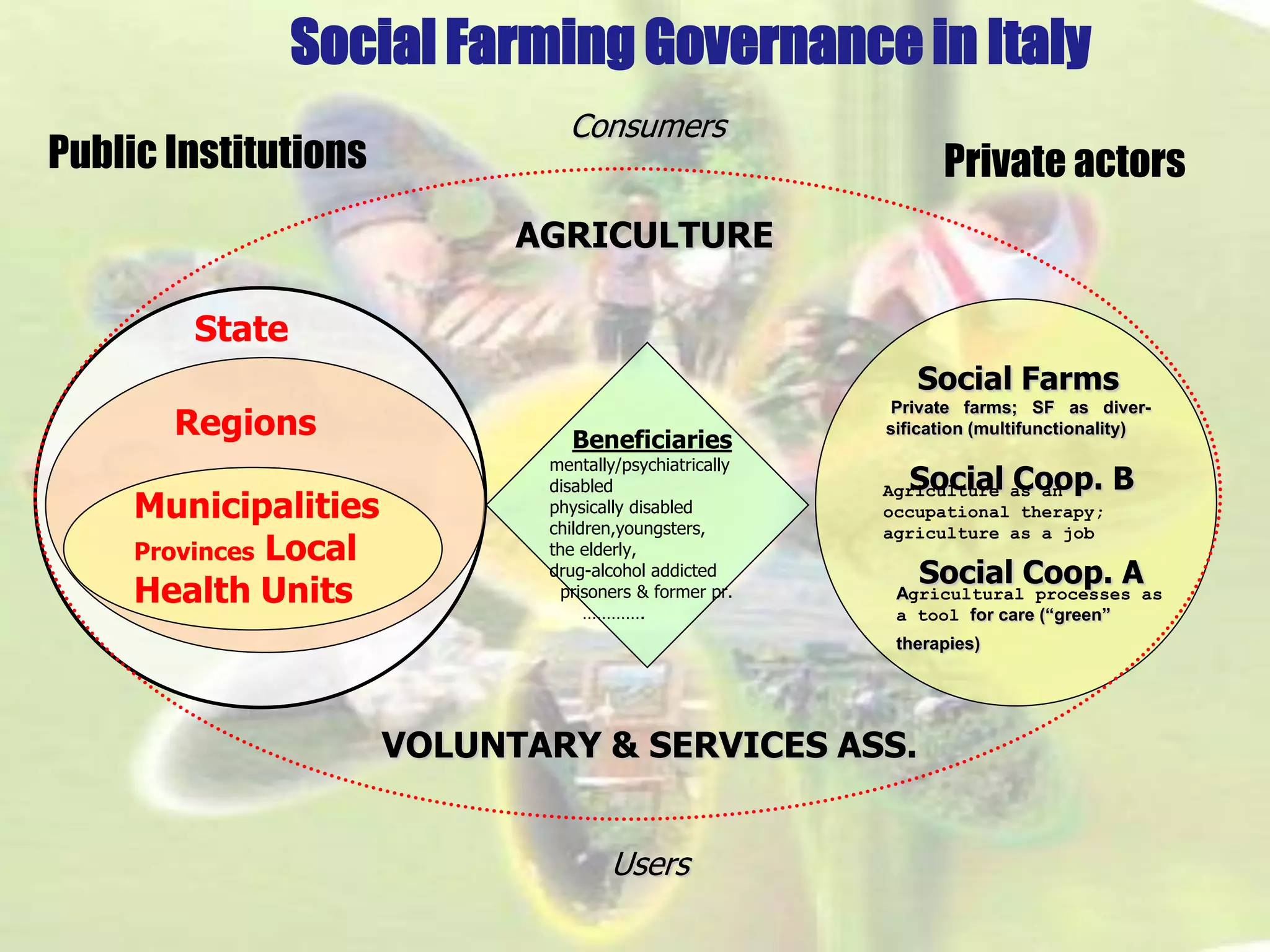 Social Farming Governance in Italy 
AGRICULTURESocial Coop. AAgriculturalprocessesasa toolforcare (“green” therapies) 
Social Coop. B 
Agriculture asanoccupationaltherapy; agricultureasa job 
Beneficiariesmentally/psychiatrically disabledphysically disabledchildren,youngsters, the elderly, drug-alcohol addictedprisoners & former pr. …………. StateRegionsMunicipalitiesProvincesLocal Health UnitsVOLUNTARY & SERVICES ASS. Private actorsPublic Institutions 
Consumers 
Users Social FarmsPrivatefarms;SFasdiver- sification(multifunctionality)  