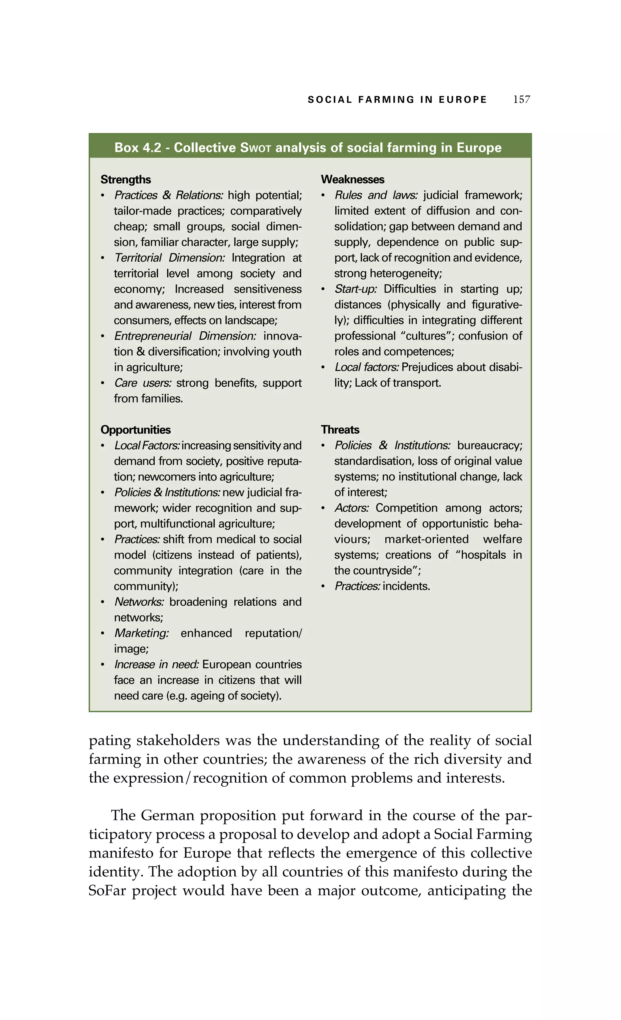 SS ooaaccii ll aaffrr mmii nn gg ii nn EE uu rr ooeepp 115577 
Box 4.2 - Collective Swot analysis of social farming in Europe 
Strengths 
• Practices & Relations: high potential; 
tailor-made practices; comparatively 
cheap; small groups, social dimen-sion, 
familiar character, large supply; 
• Territorial Dimension: Integration at 
territorial level among society and 
economy; Increased sensitiveness 
and awareness, new ties, interest from 
consumers, effects on landscape; 
• Entrepreneurial Dimension: innova-tion 
& diversification; involving youth 
in agriculture; 
• Care users: strong benefits, support 
from families. 
Opportunities 
• Local Factors: increasing sensitivity and 
demand from society, positive reputa-tion; 
newcomers into agriculture; 
• Policies & Institutions: new judicial fra-mework; 
wider recognition and sup-port, 
multifunctional agriculture; 
• Practices: shift from medical to social 
model (citizens instead of patients), 
community integration (care in the 
community); 
• Networks: broadening relations and 
networks; 
• Marketing: enhanced reputation/ 
image; 
• Increase in need: European countries 
face an increase in citizens that will 
need care (e.g. ageing of society). 
Weaknesses 
• Rules and laws: judicial framework; 
limited extent of diffusion and con-solidation; 
gap between demand and 
supply, dependence on public sup-port, 
lack of recognition and evidence, 
strong heterogeneity; 
• Start-up: Difficulties in starting up; 
distances (physically and figurative-ly); 
difficulties in integrating different 
professional “cultures”; confusion of 
roles and competences; 
• Local factors: Prejudices about disabi-lity; 
Lack of transport. 
Threats 
• Policies & Institutions: bureaucracy; 
standardisation, loss of original value 
systems; no institutional change, lack 
of interest; 
• Actors: Competition among actors; 
development of opportunistic beha-viours; 
market-oriented welfare 
systems; creations of “hospitals in 
the countryside”; 
• Practices: incidents. 
pating stakeholders was the understanding of the reality of social 
farming in other countries; the awareness of the rich diversity and 
the expression/recognition of common problems and interests. 
The German proposition put forward in the course of the par-ticipatory 
process a proposal to develop and adopt a Social Farming 
manifesto for Europe that reflects the emergence of this collective 
identity. The adoption by all countries of this manifesto during the 
SoFar project would have been a major outcome, anticipating the 
 