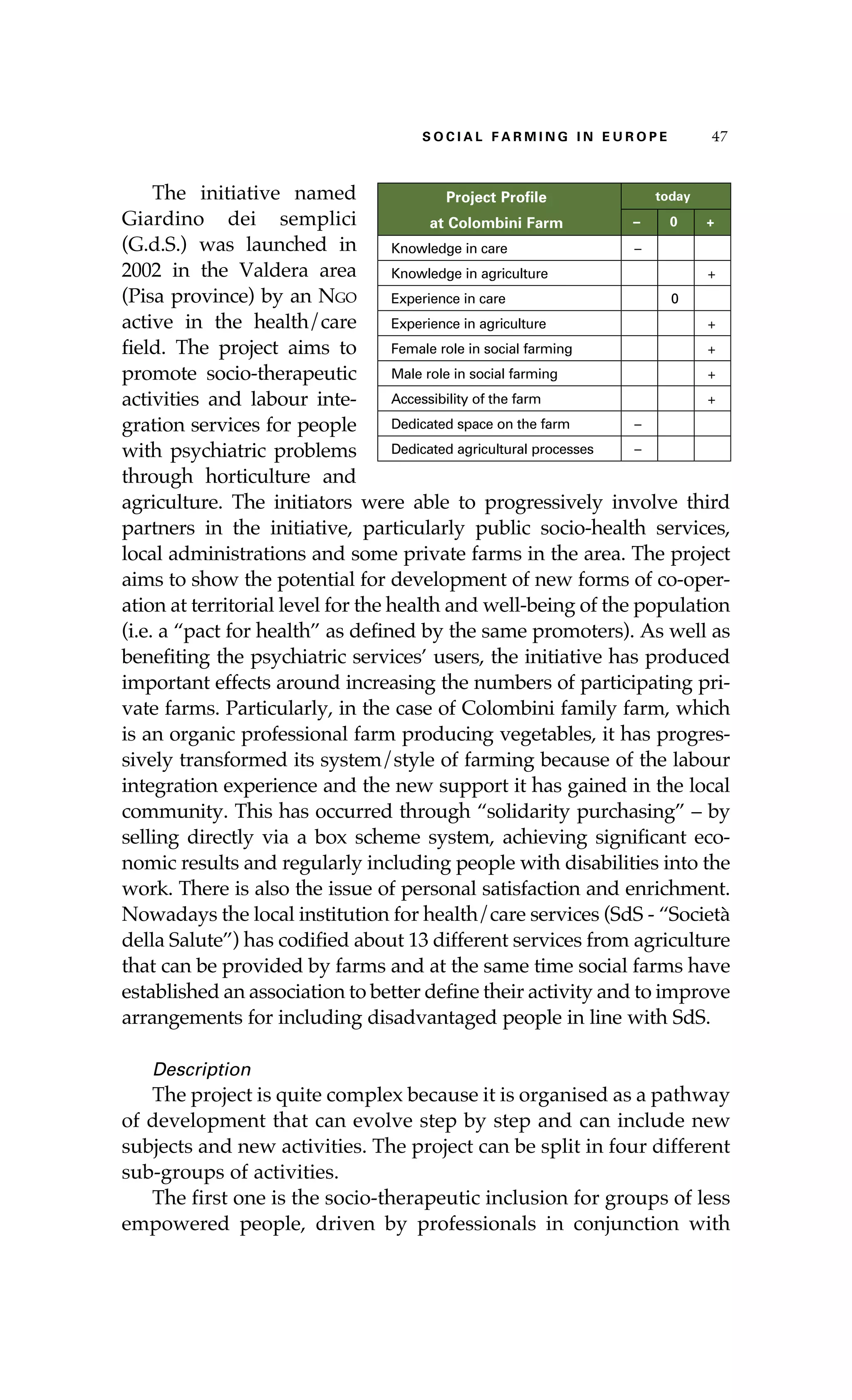 S oaci l afr mi n g i n E u r oep 47 
The initiative named 
Giardino dei semplici 
(G.d.S.) was launched in 
2002 in the Valdera area 
(Pisa province) by an Ngo 
active in the health/care 
field. The project aims to 
promote socio-therapeutic 
activities and labour inte-gration 
services for people 
Project Profile 
at Colombini Farm 
today 
– 0 + 
Knowledge in care – 
Knowledge in agriculture + 
Experience in care 0 
Experience in agriculture + 
Female role in social farming + 
Male role in social farming + 
Accessibility of the farm + 
Dedicated space on the farm – 
Dedicated agricultural processes – 
with psychiatric problems 
through horticulture and 
agriculture. The initiators were able to progressively involve third 
partners in the initiative, particularly public socio-health services, 
local administrations and some private farms in the area. The project 
aims to show the potential for development of new forms of co-oper-ation 
at territorial level for the health and well-being of the population 
(i.e. a “pact for health” as defined by the same promoters). As well as 
benefiting the psychiatric services’ users, the initiative has produced 
important effects around increasing the numbers of participating pri-vate 
farms. Particularly, in the case of Colombini family farm, which 
is an organic professional farm producing vegetables, it has progres-sively 
transformed its system/style of farming because of the labour 
integration experience and the new support it has gained in the local 
community. This has occurred through “solidarity purchasing” – by 
selling directly via a box scheme system, achieving significant eco-nomic 
results and regularly including people with disabilities into the 
work. There is also the issue of personal satisfaction and enrichment. 
Nowadays the local institution for health/care services (SdS - “Società 
della Salute”) has codified about 13 different services from agriculture 
that can be provided by farms and at the same time social farms have 
established an association to better define their activity and to improve 
arrangements for including disadvantaged people in line with SdS. 
Description 
The project is quite complex because it is organised as a pathway 
of development that can evolve step by step and can include new 
subjects and new activities. The project can be split in four different 
sub-groups of activities. 
The first one is the socio-therapeutic inclusion for groups of less 
empowered people, driven by professionals in conjunction with 
 