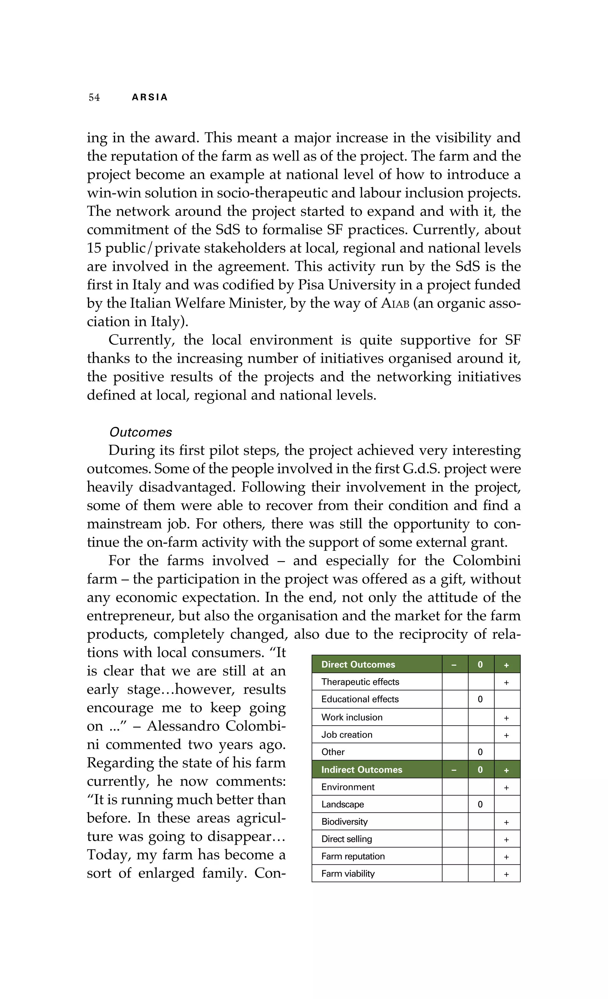 54 A R S I A 
ing in the award. This meant a major increase in the visibility and 
the reputation of the farm as well as of the project. The farm and the 
project become an example at national level of how to introduce a 
win-win solution in socio-therapeutic and labour inclusion projects. 
The network around the project started to expand and with it, the 
commitment of the SdS to formalise SF practices. Currently, about 
15 public/private stakeholders at local, regional and national levels 
are involved in the agreement. This activity run by the SdS is the 
first in Italy and was codified by Pisa University in a project funded 
by the Italian Welfare Minister, by the way of Aiab (an organic asso-ciation 
in Italy). 
Currently, the local environment is quite supportive for SF 
thanks to the increasing number of initiatives organised around it, 
the positive results of the projects and the networking initiatives 
defined at local, regional and national levels. 
Outcomes 
During its first pilot steps, the project achieved very interesting 
outcomes. Some of the people involved in the first G.d.S. project were 
heavily disadvantaged. Following their involvement in the project, 
some of them were able to recover from their condition and find a 
mainstream job. For others, there was still the opportunity to con-tinue 
the on-farm activity with the support of some external grant. 
For the farms involved – and especially for the Colombini 
farm – the participation in the project was offered as a gift, without 
any economic expectation. In the end, not only the attitude of the 
entrepreneur, but also the organisation and the market for the farm 
products, completely changed, also due to the reciprocity of rela-tions 
with local consumers. “It 
is clear that we are still at an 
early stage…however, results 
encourage me to keep going 
on ...” – Alessandro Colombi-ni 
commented two years ago. 
Regarding the state of his farm 
currently, he now comments: 
“It is running much better than 
before. In these areas agricul-ture 
was going to disappear… 
Today, my farm has become a 
sort of enlarged family. Con- 
Direct Outcomes – 0 + 
Therapeutic effects + 
Educational effects 0 
Work inclusion + 
Job creation + 
Other 0 
Indirect Outcomes – 0 + 
Environment + 
Landscape 0 
Biodiversity + 
Direct selling + 
Farm reputation + 
Farm viability + 
 