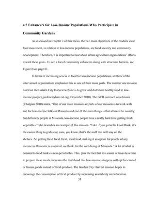 4.5 Enhancers for Low-Income Populations Who Participate in 
Community Gardens 
As discussed in Chapter 2 of this thesis, the two main objectives of the modern local 
food movement, in relation to low-income populations, are food security and community 
development. Therefore, it is important to hear about urban agriculture organizations’ efforts 
toward these goals. To see a list of community enhancers along with structural barriers, see 
Figure B on page 61. 
In terms of increasing access to food for low-income populations, all three of the 
interviewed organizations emphasize this as one of their main goals. The number one mission 
listed on the Garden City Harvest website is to grow and distribute healthy food to low-income 
people (gardencityharvest.org, December 2010). The GCH outreach coordinator 
(Chalgian 2010) states, “One of our main missions or parts of our mission is to work with 
and for low-income folks in Missoula and one of the main things is that all over the country, 
but definitely people in Missoula, low-income people have a really hard time getting fresh 
vegetables.” She describes an example of this mission: “Like if you go to the Food Bank, it’s 
the easiest thing to grab soup cans, you know, that’s the stuff that will stay on the 
shelves...So getting fresh food, fresh, local food, making it an option for people of any 
income in Missoula, is essential, we think, for the well-being of Missoula.” A lot of what is 
donated to food banks is non-perishables. This, plus the fact that it is easier or takes less time 
to prepare these meals, increases the likelihood that low-income shoppers will opt for canned 
or frozen goods instead of fresh produce. The Garden City Harvest mission hopes to 
encourage the consumption of fresh produce by increasing availability and education. 
53 
 