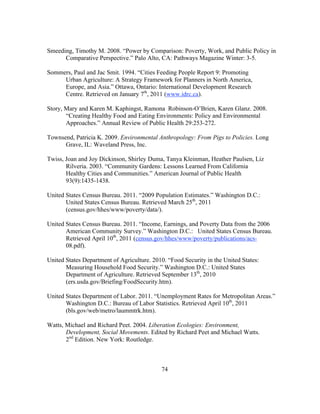 Smeeding, Timothy M. 2008. “Power by Comparison: Poverty, Work, and Public Policy in 
Comparative Perspective.” Palo Alto, CA: Pathways Magazine Winter: 3-5. 
Sommers, Paul and Jac Smit. 1994. “Cities Feeding People Report 9: Promoting 
Urban Agriculture: A Strategy Framework for Planners in North America, 
Europe, and Asia.” Ottawa, Ontario: International Development Research 
Centre. Retrieved on January 7th, 2011 (www.idrc.ca). 
Story, Mary and Karen M. Kaphingst, Ramona Robinson-O’Brien, Karen Glanz. 2008. 
“Creating Healthy Food and Eating Environments: Policy and Environmental 
Approaches.” Annual Review of Public Health 29:253-272. 
Townsend, Patricia K. 2009. Environmental Anthropology: From Pigs to Policies. Long 
74 
Grave, IL: Waveland Press, Inc. 
Twiss, Joan and Joy Dickinson, Shirley Duma, Tanya Kleinman, Heather Paulsen, Liz 
Rilveria. 2003. “Community Gardens: Lessons Learned From California 
Healthy Cities and Communities.” American Journal of Public Health 
93(9):1435-1438. 
United States Census Bureau. 2011. “2009 Population Estimates.” Washington D.C.: 
United States Census Bureau. Retrieved March 25th, 2011 
(census.gov/hhes/www/poverty/data/). 
United States Census Bureau. 2011. “Income, Earnings, and Poverty Data from the 2006 
American Community Survey.” Washington D.C.: United States Census Bureau. 
Retrieved April 10th, 2011 (census.gov/hhes/www/poverty/publications/acs- 
08.pdf). 
United States Department of Agriculture. 2010. “Food Security in the United States: 
Measuring Household Food Security.” Washington D.C.: United States 
Department of Agriculture. Retrieved September 13th, 2010 
(ers.usda.gov/Briefing/FoodSecurity.htm). 
United States Department of Labor. 2011. “Unemployment Rates for Metropolitan Areas.” 
Washington D.C.: Bureau of Labor Statistics. Retrieved April 10th, 2011 
(bls.gov/web/metro/laummtrk.htm). 
Watts, Michael and Richard Peet. 2004. Liberation Ecologies: Environment, 
Development, Social Movements. Edited by Richard Peet and Michael Watts. 
2nd Edition. New York: Routledge. 
 