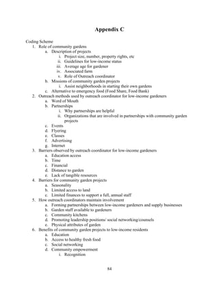 Appendix C 
84 
Coding Scheme 
1. Role of community gardens 
a. Description of projects 
i. Project size, number, property rights, etc 
ii. Guidelines for low-income status 
iii. Average age for gardener 
iv. Associated farm 
v. Role of Outreach coordinator 
b. Missions of community garden projects 
i. Assist neighborhoods in starting their own gardens 
c. Alternative to emergency food (Food Share, Food Bank) 
2. Outreach methods used by outreach coordinator for low-income gardeners 
a. Word of Mouth 
b. Partnerships 
i. Why partnerships are helpful 
ii. Organizations that are involved in partnerships with community garden 
projects 
c. Events 
d. Flyering 
e. Classes 
f. Advertising 
g. Internet 
3. Barriers observed by outreach coordinator for low-income gardeners 
a. Education access 
b. Time 
c. Financial 
d. Distance to garden 
e. Lack of tangible resources 
4. Barriers for community garden projects 
a. Seasonality 
b. Limited access to land 
c. Limited finances to support a full, annual staff 
5. How outreach coordinators maintain involvement 
a. Forming partnerships between low-income gardeners and supply businesses 
b. Garden staff available to gardeners 
c. Community kitchens 
d. Promoting leadership positions/ social networking/counsels 
e. Physical attributes of garden 
6. Benefits of community garden projects to low-income residents 
a. Education 
b. Access to healthy fresh food 
c. Social networking 
d. Community empowerment 
i. Recognition 
 