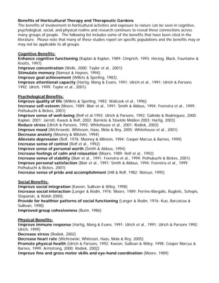 Benefits of Horticultural Therapy and Therapeutic Gardens 
The benefits of involvement in horticultural activities and exposure to nature can be seen in cognitive, psychological, social, and physical realms and research continues to reveal these connections across many groups of people. The following list includes some of the benefits that have been cited in the literature. Please note that many of these studies report on specific populations and the benefits may or may not be applicable to all groups. 
Cognitive Benefits: 
Enhance cognitive functioning (Kaplan & Kaplan, 1989; Cimprich, 1993; Herzog, Black, Fountaine & Knotts, 1997) 
Improve concentration (Wells, 2000; Taylor et al., 2001) 
Stimulate memory (Namazi & Haynes, 1994). 
Improve goal achievement (Willets & Sperling, 1983). 
Improve attentional capacity (Hartig, Mang & Evans, 1991; Ulrich et al., 1991; Ulrich & Parsons 1992; Ulrich, 1999; Taylor et al., 2001) 
Psychological Benefits: 
Improve quality of life (Willets & Sperling, 1983; Waliczek et al., 1996) 
Increase self-esteem (Moore, 1989; Blair et al., 1991; Smith & Aldous, 1994; Feenstra et al., 1999; Pothukuchi & Bickes, 2001) 
Improve sense of well-being (Relf et al.1992; Ulrich & Parsons, 1992; Galindo & Rodrieguez, 2000; Kaplan, 2001; Jarrott, Kwack & Relf, 2002; Barnicle & Stoelzle Midden 2003; Hartig, 2003) 
Reduce stress (Ulrich & Parsons, 1992; Whitehouse et al., 2001; Rodiek, 2002) 
Improve mood (Wichrowski, Whiteson, Haas, Mola & Rey, 2005; Whitehouse et al., 2001) 
Decrease anxiety (Mooney & Milstein, 1994) 
Alleviate depression (Relf, 1978; Mooney & Milstein, 1994; Cooper Marcus & Barnes, 1999) 
Increase sense of control (Relf et al., 1992) 
Improve sense of personal worth (Smith & Aldous, 1994) 
Increase feelings of calm and relaxation (Moore, 1989; Relf et al., 1992) 
Increase sense of stability (Blair et al., 1991; Feenstra et al., 1999; Pothukuchi & Bickes, 2001) 
Improve personal satisfaction (Blair et al., 1991; Smith & Aldous, 1994; Feenstra et al., 1999; Pothukuchi & Bickes, 2001) 
Increase sense of pride and accomplishment (Hill & Relf, 1982; Matsuo, 1995) 
Social Benefits: 
Improve social integration (Kweon, Sullivan & Wiley, 1998) 
Increase social interaction (Langer & Rodin, 1976; Moore, 1989; Perrins-Margalis, Rugletic, Schepis, Stepanski, & Walsh 2000). 
Provide for healthier patterns of social functioning (Langer & Rodin, 1976; Kuo, Barcaicoa & Sullivan, 1998) 
Improved group cohesiveness (Bunn, 1986) 
Physical Benefits: 
Improve immune response (Hartig, Mang & Evans, 1991; Ulrich et al., 1991; Ulrich & Parsons 1992; Ulrich, 1999) 
Decrease stress (Rodiek, 2002) 
Decrease heart rate (Wichrowski, Whiteson, Haas, Mola & Rey, 2005) 
Promote physical health (Ulrich & Parsons, 1992; Kweon, Sullivan & Wiley, 1998; Cooper Marcus & Barnes, 1999; Armstrong, 2000; Rodiek, 2002) 
Improve fine and gross motor skills and eye-hand coordination (Moore, 1989)  