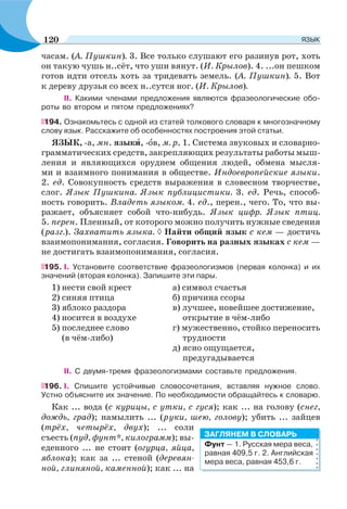 часам. (А. Пушкин). 3. Все только слушают его разинув рот, хоть
он такую чушь н..сёт, что уши вянут. (И. Крылов). 4. ...он пешком
готов идти отсель хоть за тридевять земель. (А. Пушкин). 5. Вот
к дереву друзья со всех н..сутся ног. (И. Крылов).
II. Какими членами предложения являются фразеологические обо-
роты во втором и пятом предложениях?
194. Ознакомьтесь с одной из статей толкового словаря к многозначному
слову язык. Расскажите об особенностях построения этой статьи.
ЯЗÛК, -а, мн. языкè, -îв, м. р. 1. Система звуковых и словарно-
грамматических средств, закрепляющих результаты работы мыш-
ления и являющихся орудием общения людей, обмена мысля-
ми и взаимного понимания в обществе. Индоевропейские языки.
2. ед. Совокупность средств выражения в словесном творчестве,
слог. Язык Пушкина. Язык публицистики. 3. ед. Речь, способ-
ность говорить. Владеть языком. 4. ед., перен., чего. То, что вы-
ражает, объясняет собой что-нибудь. Язык цифр. Язык птиц.
5. перен. Пленный, от которого можно получить нужные сведения
(разг.). Захватить языка. Найти общий язык с кем — достичь
взаимопонимания, согласия. Говорить на разных языках с кем —
не достигать взаимопонимания, согласия.
195. І. Установите соответствие фразеологизмов (первая колонка) и их
значений (вторая колонка). Запишите эти пары.
1) нести свой крест а) символ счастья
2) синяя птица б) причина ссоры
3) яблоко раздора в) лучшее, новейшее достижение,
4) носится в воздухе открытие в чём-либо
5) последнее слово г) мужественно, стойко переносить
(в чём-либо) трудности
д) ясно ощущается,
предугадывается
II. С двумя-тремя фразеологизмами составьте предложения.
196. І. Спишите устойчивые словосочетания, вставляя нужное слово.
Устно объясните их значение. По необходимости обращайтесь к словарю.
Как ... вода (с курицы, с утки, с гуся); как ... на голову (снег,
дождь, град); намылить ... (руки, шею, голову); убить ... зайцев
(трёх, четырёх, двух); ... соли
съесть (пуд, фунт*, килограмм); вы-
еденного ... не стоит (огурца, яйца,
яблока); как за ... стеной (деревян-
ной, глиняной, каменной); как ... на
Фунт — 1. Русская мера веса,
равная 409,5 г. 2. Английская
мера веса, равная 453,6 г.
ЗАГЛЯНЕМ В СЛОВАРЬ
120 ЯЗЫК
 