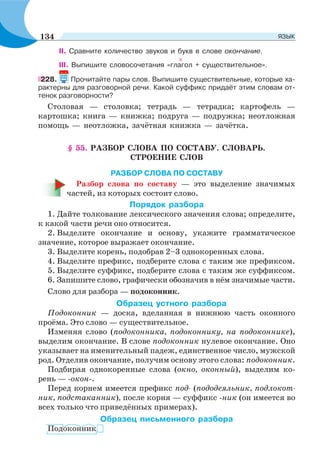 II. Сравните количество звуков и букв в слове окончание.
ІІІ. Выпишите словосочетания «глагол + существительное».
228. Прочитайте пары слов. Выпишите существительные, которые ха-
рактерны для разговорной речи. Какой суффикс придаёт этим словам от-
тенок разговорности?
Столовая — столовка; тетрадь — тетрадка; картофель —
картошка; книга — книжка; подруга — подружка; неотложная
помощь — неотложка, зачётная книжка — зачётка.
§ 55. РАЗБОР СЛОВА ПО СОСТАВУ. СЛОВАРЬ.
СТРОЕНИЕ СЛОВ
РАЗБОР СЛОВА ПО СОСТАВУ
Разбор слова по составу — это выделение значимых
частей, из которых состоит слово.
Порядок разбора
1. Дайте толкование лексического значения слова; определите,
к какой части речи оно относится.
2. Выделите окончание и основу, укажите грамматическое
значение, которое выражает окончание.
3. Выделите корень, подобрав 2–3 однокоренных слова.
4. Выделите префикс, подберите слова с таким же префиксом.
5. Выделите суффикс, подберите слова с таким же суффиксом.
6. Запишите слово, графически обозначив в нём значимые части.
Слово для разбора — подоконник.
Образец устного разбора
Подоконник — доска, вделанная в нижнюю часть оконного
проёма. Это слово — существительное.
Изменяя слово (подоконника, подоконнику, на подоконнике),
выделим окончание. В слове подоконник нулевое окончание. Оно
указывает на именительный падеж, единственное число, мужской
род. Отделив окончание, получим основу этого слова: подоконник.
Подбирая однокоренные слова (окно, оконный), выделим ко-
рень — -окон-.
Перед корнем имеется префикс под- (пододеяльник, подлокот-
ник, подстаканник), после корня — суффикс -ник (он имеется во
всех только что приведённых примерах).
Образец письменного разбора
Подоконник
134 ЯЗЫК
 