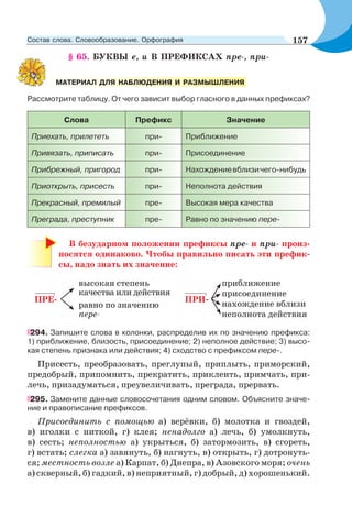 § 65. БУКВЫ е, и В ПРЕФИКСАХ пре-, при-
Рассмотрите таблицу. От чего зависит выбор гласного в данных префиксах?
Слова Префикс Значение
Приехать, прилететь при- Приближение
Привязать, приписать при- Присоединение
Прибрежный, пригород при- Нахождениевблизичего-нибудь
Приоткрыть, присесть при- Неполнота действия
Прекрасный, премилый пре- Высокая мера качества
Преграда, преступник пре- Равно по значению пере-
В безударном положении префиксы пре- и при- произ-
носятся одинаково. Чтобы правильно писать эти префик-
сы, надо знать их значение:
приближение
присоединение
нахождение вблизи
неполнота действия
ПРИ-
высокая степень
качества или действия
равно по значению
пере-
ПРЕ-
294. Запишите слова в колонки, распределив их по значению префикса:
1) приближение, близость, присоединение; 2) неполное действие; 3) высо-
кая степень признака или действия; 4) сходство с префиксом пере-.
Присесть, преобразовать, преглупый, приплыть, приморский,
предобрый, припомнить, прекратить, приклеить, примчать, при-
лечь, призадуматься, преувеличивать, преграда, прервать.
295. Замените данные словосочетания одним словом. Объясните значе-
ние и правописание префиксов.
Присоединить с помощью а) верёвки, б) молотка и гвоздей,
в) иголки с ниткой, г) клея; ненадолго а) лечь, б) умолкнуть,
в) сесть; неполностью а) укрыться, б) затормозить, в) сгореть,
г) встать; слегка а) завянуть, б) нагнуть, в) открыть, г) дотронуть-
ся; местность возле а) Карпат, б) Днепра, в) Азовского моря; очень
а) скверный, б) гадкий, в) неприятный, г) добрый, д) хорошенький.
МАТЕРИАЛ ДЛЯ НАБЛЮДЕНИЯ И РАЗМЫШЛЕНИЯ
157Состав слова. Словообразование. Орфография
 