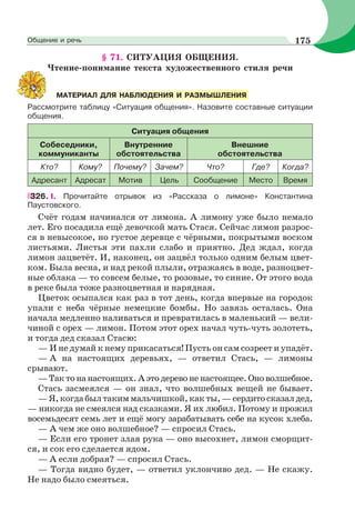 § 71. СИТУАЦИЯ ОБЩЕНИЯ.
Чтение-понимание текста художественного стиля речи
Рассмотрите таблицу «Ситуация общения». Назовите составные ситуации
общения.
Ситуация общения
Собеседники,
коммуниканты
Внутренние
обстоятельства
Внешние
обстоятельства
Кто? Кому? Почему? Зачем? Что? Где? Когда?
Адресант Адресат Мотив Цель Сообщение Место Время
326. I. Прочитайте отрывок из «Рассказа о лимоне» Константина
Паустовского.
Счёт годам начинался от лимона. А лимону уже было немало
лет. Его посадила ещё девочкой мать Стася. Сейчас лимон разрос-
ся в невысокое, но густое деревце с чёрными, покрытыми воском
листьями. Листья эти пахли слабо и приятно. Дед ждал, когда
лимон зацветёт. И, наконец, он зацвёл только одним белым цвет-
ком. Была весна, и над рекой плыли, отражаясь в воде, разноцвет-
ные облака — то совсем белые, то розовые, то синие. От этого вода
в реке была тоже разноцветная и нарядная.
Цветок осыпался как раз в тот день, когда впервые на городок
упали с неба чёрные немецкие бомбы. Но завязь осталась. Она
начала медленно наливаться и превратилась в маленький — вели-
чиной с орех — лимон. Потом этот орех начал чуть-чуть золотеть,
и тогда дед сказал Стасю:
— И не думай к нему прикасаться! Пусть он сам созреет и упадёт.
— А на настоящих деревьях, — ответил Стась, — лимоны
срывают.
— Так то на настоящих. А это дерево не настоящее. Оно волшебное.
Стась засмеялся — он знал, что волшебных вещей не бывает.
—Я,когдабылтакиммальчишкой,какты,—сердитосказалдед,
— никогда не смеялся над сказками. Я их любил. Потому и прожил
восемьдесят семь лет и ещё могу зарабатывать себе на кусок хлеба.
— А чем же оно волшебное? — спросил Стась.
— Если его тронет злая рука — оно высохнет, лимон сморщит-
ся, и сок его сделается ядом.
— А если добрая? — спросил Стась.
— Тогда видно будет, — ответил уклончиво дед. — Не скажу.
Не надо было смеяться.
МАТЕРИАЛ ДЛЯ НАБЛЮДЕНИЯ И РАЗМЫШЛЕНИЯ
175Общение и речь
 