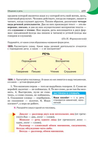орудием которой является язык и у которой есть свой мотив, цель,
конечный результат. Человек действует, когда он говорит, пишет и
читает, когда слушает другого. Таким образом, различают четыре
вида речевой деятельности. Два из них производят текст — это го-
ворение, письмо, и два из них осуществляют восприятие текста —
это слушание и чтение. Как видим, речь воплощается в двух фор-
мах: письменной (когда мы пишем и читаем) и устной (когда мы
говорим и слушаем).
(По Н. Формановской)
Подумайте, от каких слов образованы названия форм речи.
329. Рассмотрите схему. Какие виды речевой деятельности относятся
к порождению речи, а какие — к её восприятию?
330. I. Прочитайте пословицы. В каких из них имеется в виду письменная,
а в каких — устная форма речи?
1. Что написано пером — того не вырубишь топором. 2. Слово не
воробей: вылетит — не поймаешь. 3. То же слово, да не так бы мол-
вить. 4. Выстрелив, пули не схва-
тишь, а слово сказав, не поймаешь.
5. Сказанное словцо — серебряное,
не сказанное — золотое. 6. Язык
коснеет*, а перо не робеет.
II. Раскройте смысл одной из пословиц.
Диалог — разговор двух или нескольких лиц (от грече-
ского диа — два, логос — слово).
Монолог — речь одного лица (от греческого моно —
один, логос — слово).
Разговор — словесный обмен мнениями, сведениями,
беседа; обсуждение чего-либо.
Беседа — разговор, обмен мнениями.
Язык коснåет — т. е. речь
становится невнятной, непо-
нятной.
ЗАГЛЯНЕМ В СЛОВАРЬ
177Общение и речь
 