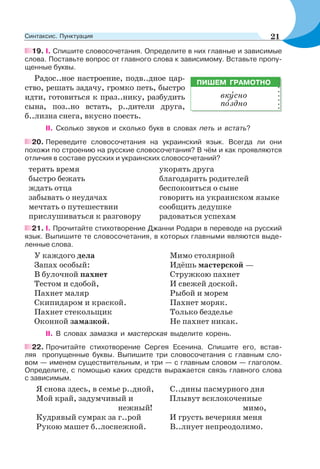 19. I. Спишите словосочетания. Определите в них главные и зависимые
слова. Поставьте вопрос от главного слова к зависимому. Вставьте пропу-
щенные буквы.
Радос..ное настроение, подв..дное цар-
ство, решать задачу, громко петь, быстро
идти, готовиться к праз..нику, разбудить
сына, поз..но встать, р..дители друга,
б..лизна снега, вкусно поесть.
II. Сколько звуков и сколько букв в словах петь и встать?
20. Переведите словосочетания на украинский язык. Всегда ли они
похожи по строению на русские словосочетания? В чём и как проявляются
отличия в составе русских и украинских словосочетаний?
терять время
быстро бежать
ждать отца
забывать о неудачах
мечтать о путешествии
прислушиваться к разговору
укорять друга
благодарить родителей
беспокоиться о сыне
говорить на украинском языке
сообщить дедушке
радоваться успехам
21. I. Прочитайте стихотворение Джанни Родари в переводе на русский
язык. Выпишите те словосочетания, в которых главными являются выде-
ленные слова.
У каждого дела Мимо столярной
Запах особый: Идёшь мастерской —
В булочной пахнет Стружкою пахнет
Тестом и сдобой, И свежей доской.
Пахнет маляр Рыбой и морем
Скипидаром и краской. Пахнет моряк.
Пахнет стекольщик Только безделье
Оконной замазкой. Не пахнет никак.
II. В словах замазка и мастерская выделите корень.
22. Прочитайте стихотворение Сергея Есенина. Спишите его, встав-
ляя пропущенные буквы. Выпишите три словосочетания с главным сло-
вом — именем существительным, и три — с главным словом — глаголом.
Определите, с помощью каких средств выражается связь главного слова
с зависимым.
Я снова здесь, в семье р..дной, С..дины пасмурного дня
Мой край, задумчивый и Плывут всклокоченные
нежный! мимо,
Кудрявый сумрак за г..рой И грусть вечерняя меня
Рукою машет б..лоснежной. В..лнует непреодолимо.
ПИШЕМ ГРАМОТНО
вкóсно
пîздно
21Синтаксис. Пунктуация
 
