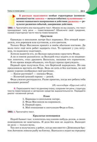 В рассказе выделяются особые структурные (компози-
ционные) части: завязка — начало события; кульминация —
момент наивысшего напряжения в действии; развязка — ре-
зультат развития событий, завершение действия.
392. І. Прочитайте или послушайте текст. Можем ли мы сказать, что текст
принадлежит типу речи — повествованию? Объясните своё суждение,
назвав структурные части текста-повествования.
Проучили
Однажды в школьном лагере был карнавал. Кто птицей наря-
дился, кто деревцем или кустиком, а кто цветком.
Только Федя Маслюков пришёл в своём обычном костюме. Да
мало того: ещё всех ребят задирать стал. То крикнет у уха пету-
хом, то подножку подставит.
Хотели вывести его, но Володя предложил проучить Федю.
А он и совсем разошёлся: за Володей стал ходить и по индюше-
чьи лопотать, стал дразнить Василька, называя его сорнячком.
В это время жюри объявило, что будут призы присуждать.
Первый приз получила Оля, что Берёзкой нарядилась. Но она
предложила вручить его Феде. Ведь он хоть и без костюма, но всё
равно хорошо изображал своё растение.
— Какое растение? — опешил Федя.
— Колючий цепкий сорняк — репей.
Федя ужасно рассердился. Разве приятно, когда все ребята тебя
называют репеем?
(Из календаря «Круглый год»)
ІІ. Перескажите текст по данному плану, сохраняя тип речи, структуру
текста-повествования и авторские средства выразительности. Передайте
диалог косвенной речью.
План
1. Карнавал в школьном лагере.
2. Федя Маслюков на карнавале.
3. Первый приз.
4. Моё отношение к поступкам Феди и Оли.
393. I. Прочитайте текст.
Крылатые помощники
Порой бывает так: хлопочешь над каким-нибудь делом, а своих
помощников не замечаешь. И дело без них не ладится. Выходит
не дело — только мука.
Так вот и получилось у ребят, когда они вместе с Дёмкиным бра-
том Антоном ловили рыбу на блесну. Выехали в лодке на середину
211Типы и стили речи
 