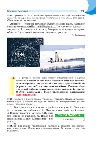 39. Прочитайте текст. Выпишите предложения, в которых подлежащее
и сказуемое выражены именем существительным в именительном падеже.
Объясните постановку тире.
Арктика — северная полярная область земного шара. Название
связано с созвездием Большой Медведицы. По-гречески «арктос» —
медведица. В отличие от Арктики, Антарктика — южная полярная
область. Греческое слово «анти» означает «против».
(И. Бабкова)
В русском языке существуют предложения с одним
главным членом. В них нет и не может быть подлежаще-
го и сказуемого, но главный член этих предложений по
форме похож либо на подлежащее (Ночь. Тишина. Ран-
няя зима), либо на сказуемое (Нам не повезло. Вечереет.
В дверь постучали). Такие предложения называются
односоставными.
40. Поясните значение данных пословиц и поговорок. Какими предложе-
ниями — двусоставными или односоставными — они оформлены? Посло-
вицы и поговорки спишите.
1. Без труда не вытащишь и рыбки из пруда. 2. Солныш-
ко в мешок не поймаешь. 3. Чужим умом умён не будешь.
4. Цыплят по осени считают. 5. За один
раз дерево не срубишь. 6. После боя
кулаками не машут. 7. Век живи — век
учись.
41. Прочитайте предложения. Найдите и cпишите односостав-
ные предложения. Подчеркните главные члены. Определите, чем они
выражены.
ПИШЕМ ГРАМОТНО
цыплÿта
29Синтаксис. Пунктуация
 