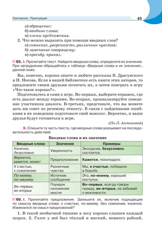 а) обращение;
б) вводные слова;
в) члены предложения.
2. Что можно выразить при помощи вводных слов?
а) сомнение, уверенность, различные чувства;
б) замечание говорящему;
в) просьбу, приказ.
65. І. Прочитайте текст. Найдите вводные слова, определите их значение.
При затруднении обращайтесь к таблице «Вводные слова и их значение»,
данной ниже.
Вы, конечно, хорошо знаете и любите рассказы В. Драгунского
и Н. Носова. Если в вашей библиотеке есть книги этих авторов, то
предложите своим друзьям почитать их, а затем поиграть в игру
«Что такое хорошо?».
Подготовьтесь и сами к игре. Во-первых, выберите отрывок, где
есть диалог между героями. Во-вторых, проанализируйте поведе-
ние участников диалога. В-третьих, представьте, что вы можете
дать им совет по речевому этикету. В связи с найденными ошиб-
ками в их поведении подготовьте свой монолог. Вероятно, и ваши
друзья будут готовиться к игре.
(По Л. Антоновой)
ІІ. Спишите ту часть текста, где вводные слова указывают на последо-
вательность действий.
Вводные слова и их значение
Вводные слова Значение Примеры
Конечно,
безусловно
Уверенность
Экскурсия, безусловно,
состоится.
Вероятно,
кажется, может
Предположение Кажется, похолодало.
К счастью,
к сожалению
Различные
чувства
Мы, к счастью, победили
в борьбе.
По-моему,
по-нашему
Источник
сообщения
Это, по-моему, хороший
поступок.
Во-первых,
во-вторых
Порядок
изложения
мысли
Во-первых, всегда говори
правду, во-вторых, не забывай
о вежливости.
66. I. Прочитайте предложения. Запишите их, включив подходящие
по смыслу вводные слова: к счастью, по-моему, без сомнения, конечно.
Изменился ли смысл предложений?
1. В такой необычной тишине в лесу хорошо слышен каждый
шорох. 2. Голос у неё был тёплый и мягкий, немного робкий.
49Синтаксис. Пунктуация
 