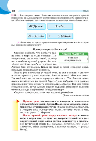 79. I. Рассмотрите схемы. Расскажите о месте слов автора при прямой
и косвеннойречи,знакахпрепинаниявпредложенияхспрямойикосвеннойре-
чью. Сверьте свой рассказ с теоретическим материалом, помещённым ниже.
«П!(?)» — а. А : «П».
«П, — а, — п». [ ], (что...).
II. Выпишите из текста предложения с прямой речью. Каким из дан-
ных схем они соответствуют?
Почему в море солёная вода?
Старики говорят, что когда-то дав-
но вода в море не была солёной. По-
говаривали, стала она такой, потому
что какой-то муравей укусил Ангало.
«А кто такой Ангало?» — спросите вы.
Ангало был великаном. Когда он стоял в самой середине моря,
вода едва доходила ему до колен.
Как-то раз кончилась у людей соль, и они пришли к Ангало
и стали просить у него помощи. Ангало сказал: «Вот вам мост.
По моей ноге вы сможете вернуться обратно». Так Ангало помог
людям перебраться на другой берег. Люди набрали соли полные
корзины и по тому же мосту возвращались обратно. Вот уже самая
середина моря. И тут Ангало укусил муравей. Вздрогнул великан
от боли, а люди с корзинами попадали в море.
Старики говорят, что с тех пор вода в море солёная.
(Филиппинская сказка)
Прямая речь заключается в кавычки и начинается
сбольшой(прописной)буквы.Послесловавторапередпря-
мой речью ставится двоеточие (В саду деревья шелестят,
и говорят они: «Скворчата спят, галчата спят, и ты,
малыш, усни». С. Маршак).
После прямой речи перед словами автора ставится
тире, а перед ним — запятая, вопросительный или вос-
клицательный знак; слова автора начинаются с малень-
кой (строчной) буквы («Поднимусь высоко-высоко, выше
ласточек, выше жаворонка, к самому солнцу», — решил
Икар).
ПИШЕМ ГРАМОТНО
великàн
возвращàться
60 ЯЗЫК
 