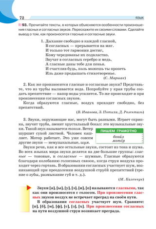 93. Прочитайте тексты, в которых объясняются особенности произноше-
ния гласных и согласных звуков. Перескажите их своими словами. Сделайте
вывод о том, как произносятся гласные и согласные звуки.
1. Дыхание свободно в каждой гласной,
В согласных — прерывается на миг.
И только тот гармонии достиг,
Кому чередованье их подвластно.
Звучат в согласных серебро и медь.
А гласные даны тебе для пенья.
И счастлив будь, коль можешь ты пропеть
Иль даже продышать стихотворенье.
(С. Маршак)
2. Как же произносятся гласные и согласные звуки? Представь-
те, что из трубы выливается вода. Попробуйте у края трубы соз-
дать препятствие — напор воды усилится. То же происходит и при
произнесении согласных звуков.
Когда образуются гласные, воздух проходит свободно, без
препятствий.
(В. Иванова, З. Потиха, Д. Розенталь)
3. Звуки, окружающие нас, могут быть разными. Играет скрип-
ка, звучит труба, звенит хрустальный бокал: это музыкальные зву-
ки. Такой звук называется тоном. Ветер
шуршит сухой листвой. Человек каш-
ляет. Мотор работает. Это уже совсем
другие звуки — немузыкальные, шум.
Звуки речи, как и все остальные звуки, состоят из тона и шума.
Во всех языках мира звуки делятся на две большие группы: глас-
ные — тоновые, и согласные — шумные. Гласные образуются
благодаря колебанию голосовых связок, когда струя воздуха про-
ходит через гортань. В образовании согласных участвует шум, воз-
никающий при преодолении воздушной струёй препятствий (тре-
ние о зубы, размыкание губ и т. д.).
(М. Каленчук)
Звуки [а], [ы], [у], [э], [и], [о] называются гласными, так
как они произносятся с голосом. При произнесении глас-
ных звуков воздух не встречает преград на своём пути.
В образовании согласных участвует шум. Сравните:
[п], [б], [м], [ф], [с], [з], [х]. При произнесении согласных
на пути воздушной струи возникает преграда.
ПИШЕМ ГРАМОТНО
бокàл
мотîр
72 ЯЗЫК
 